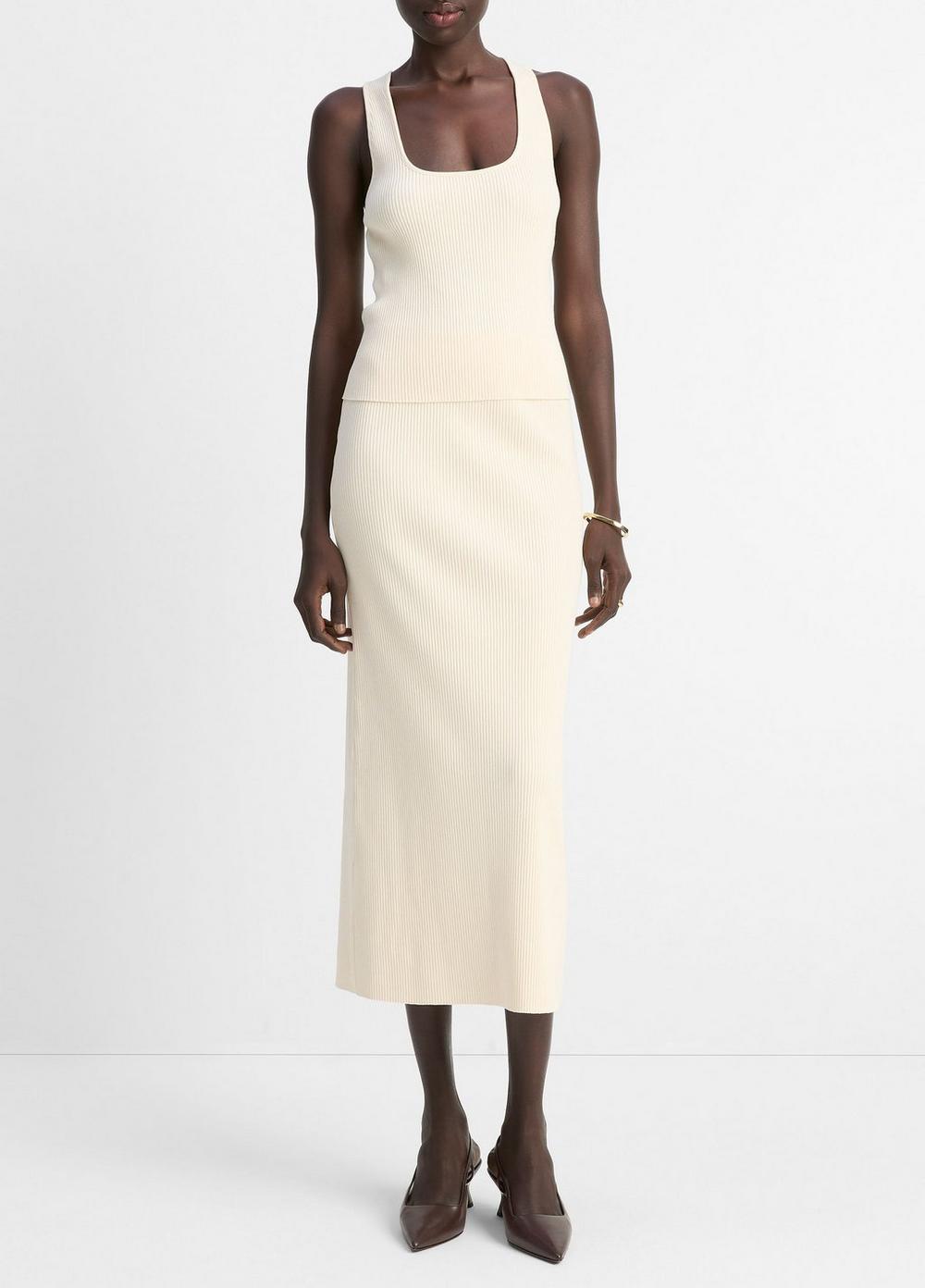 Women's Ribbed Cotton-Blend Midi Skirt, Oat Shell, Size XS Vince