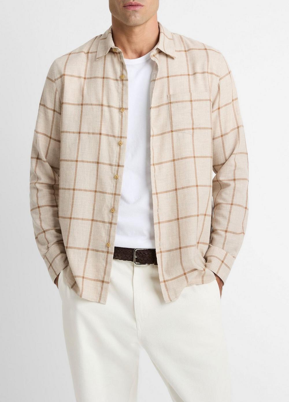 Men's Rockery Plaid Cotton Button-Front Shirt, Heather Oatmeal/walnut, Size L Vince