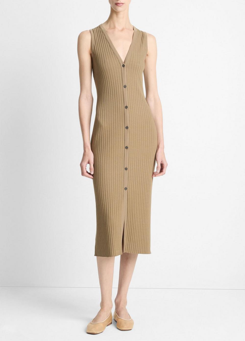 Women's Ribbed Cotton-Blend Button-Front Dress, Tapenade, Size XXS Vince