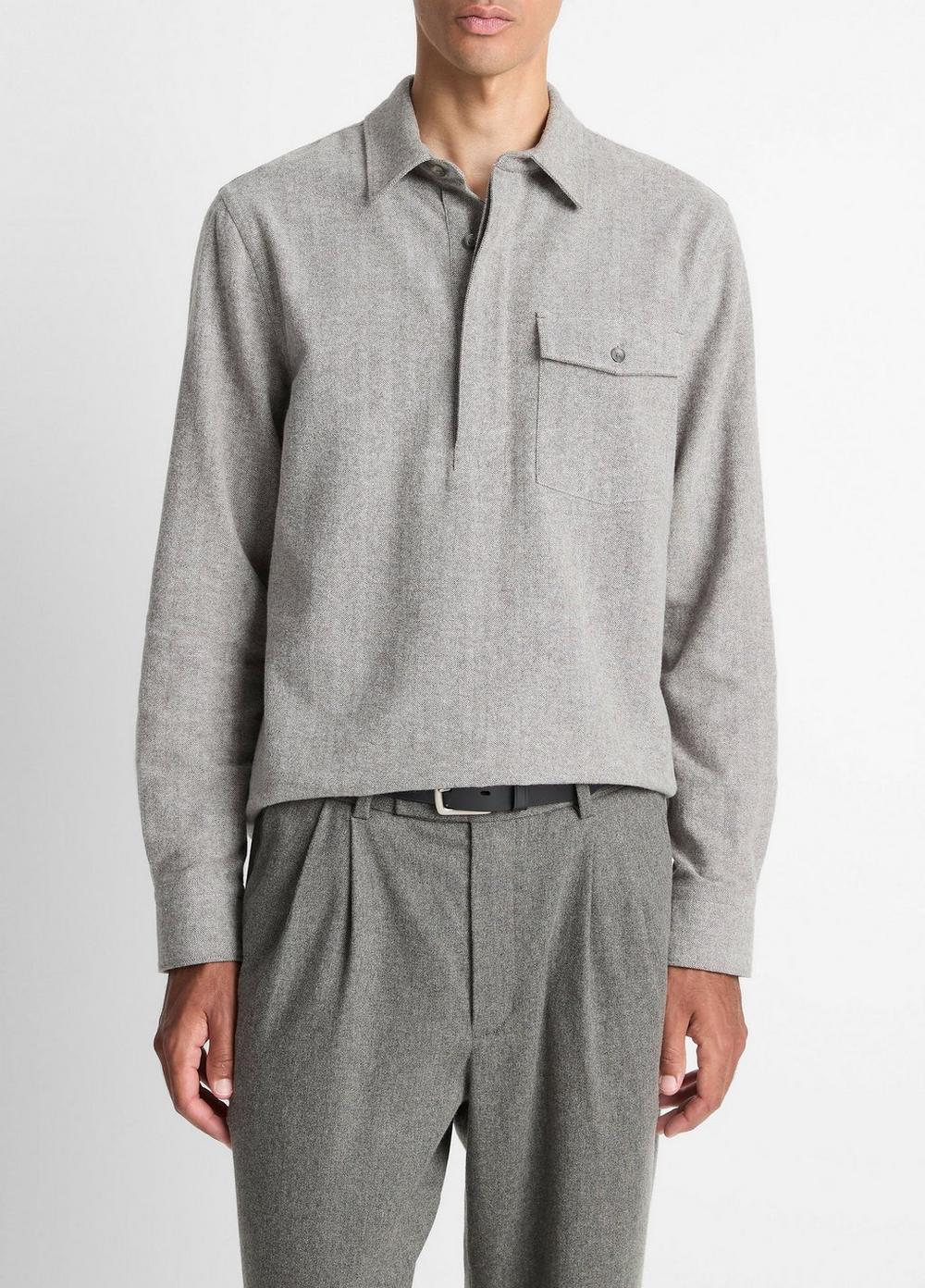 Men's Herringbone Cotton Popover Shirt, Heather Fog, Size L Vince