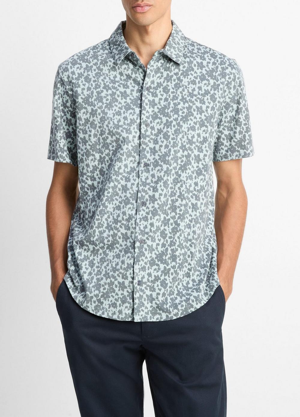 Men's Floral Pima Cotton Short-Sleeve Button-Front Shirt, Skylight/liberty, Size L Vince