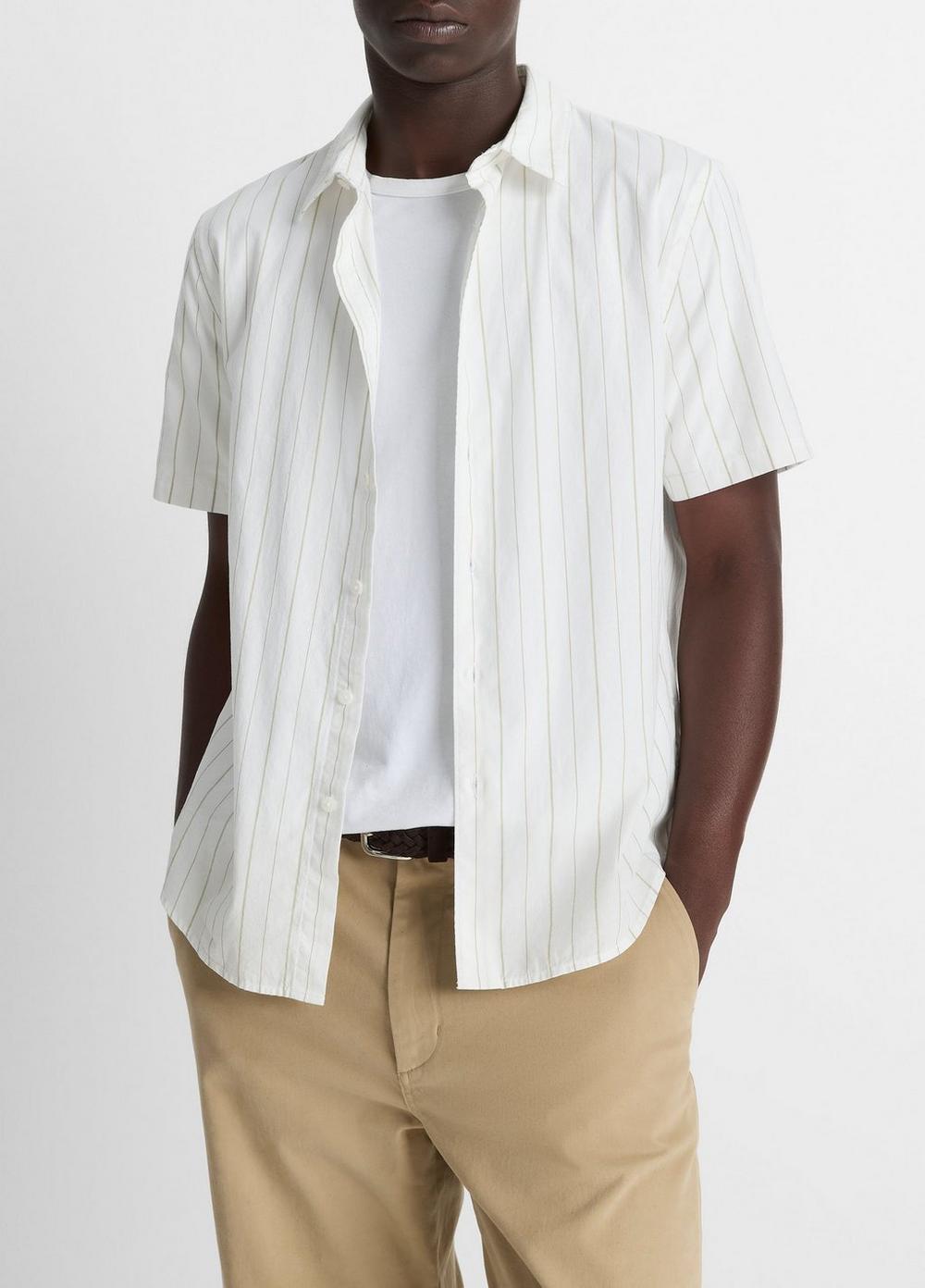 Men's Chatsworth Stripe Cotton Short-Sleeve Button-Front Shirt, Natural Combo, Size XL Vince