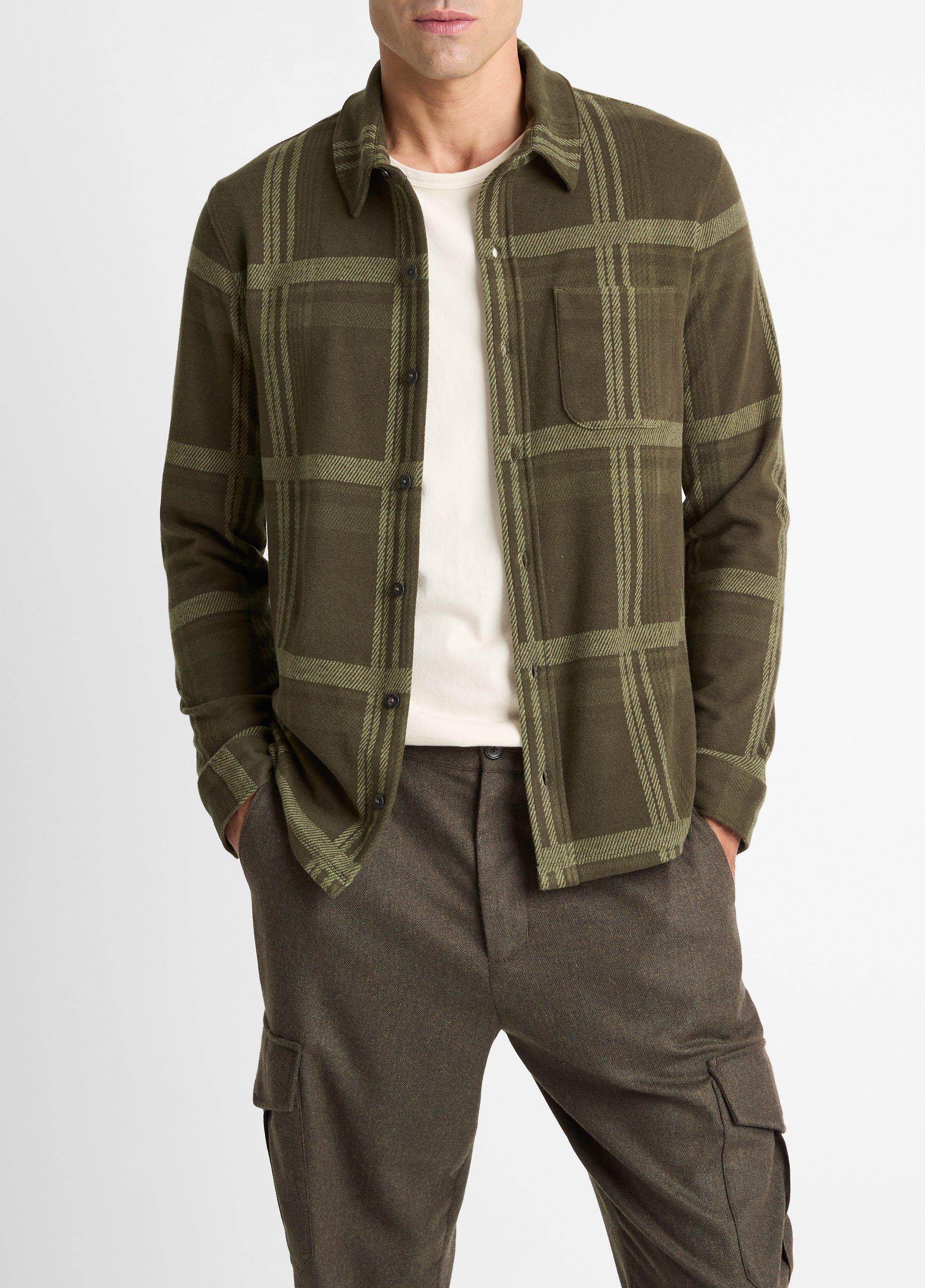 Men's Plaid Cotton-Blend Shirt Jacket, Dark Leaf Combo, Size S Vince by Vince