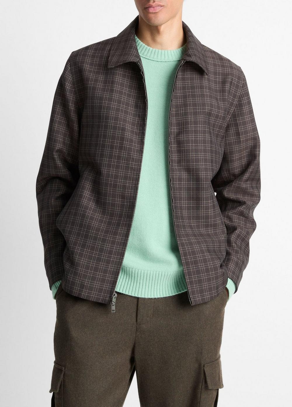 Men's Plaid Wool-Blend Zip Jacket, Charcoal, Size L Vince