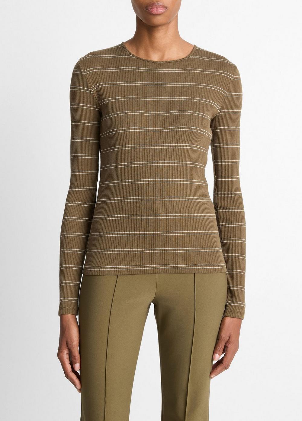 Women's Striped Ribbed Pima Cotton Long-Sleeve T-Shirt, Cypress Combo, Size XS Vince