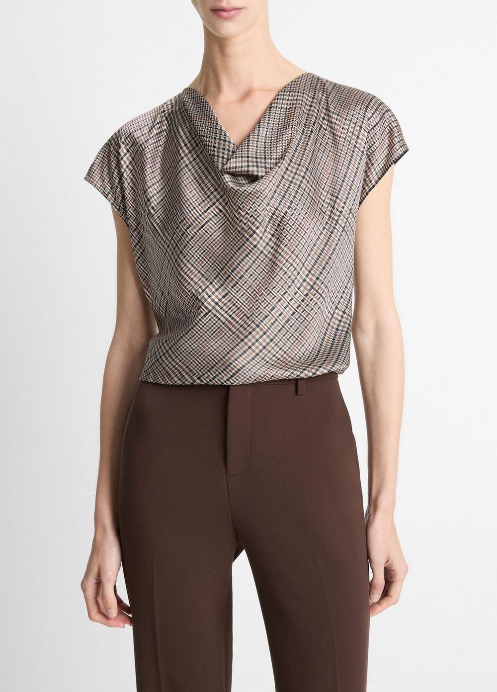 Women's Pressed Plaid Silk Cowl-Neck Blouse, Multi Plaid, Size XXS Vince