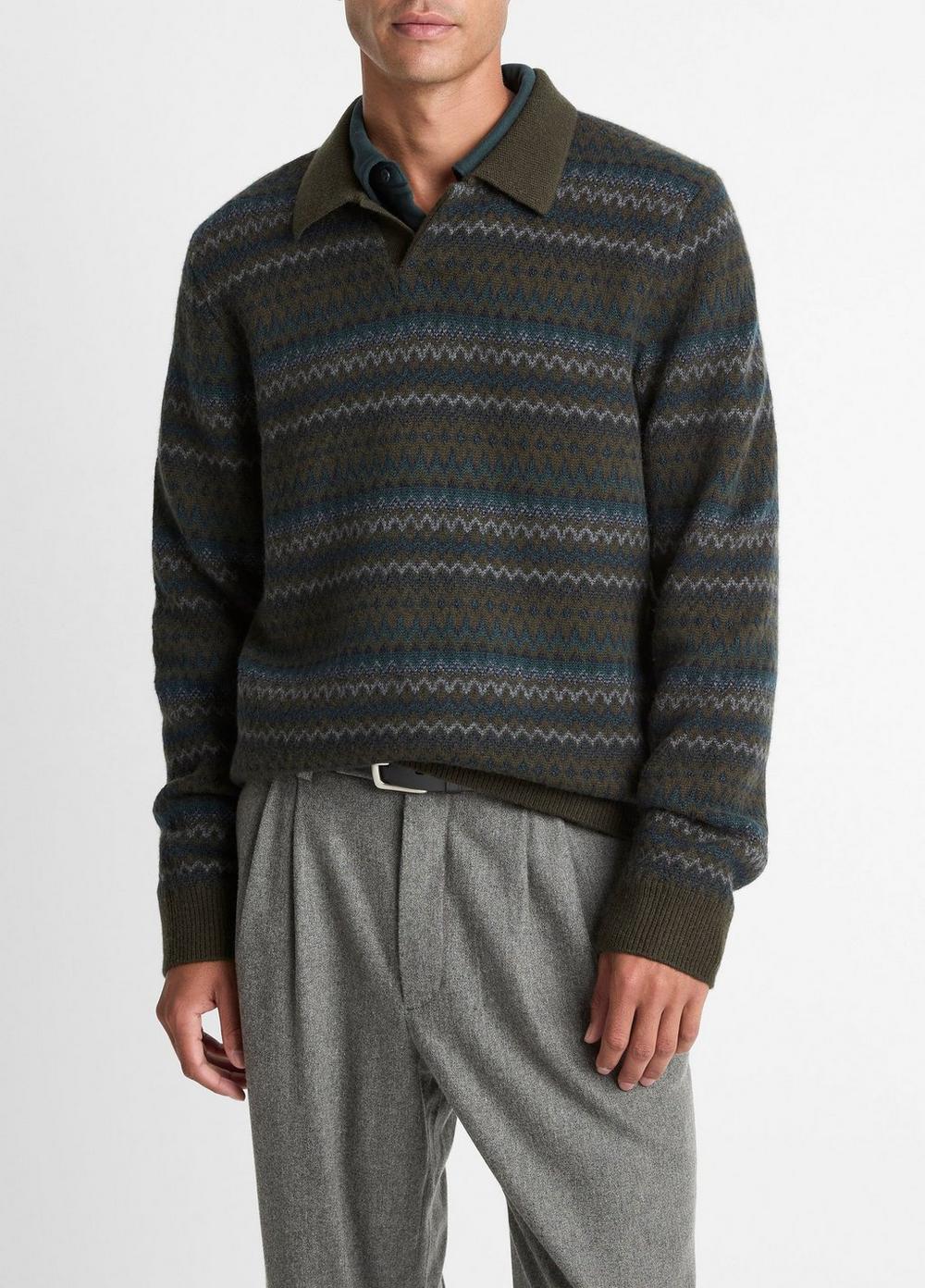 Men's Fair Isle Wool-Cashmere Johnny-Collar Sweater, Dark Leaf Combo, Size L Vince