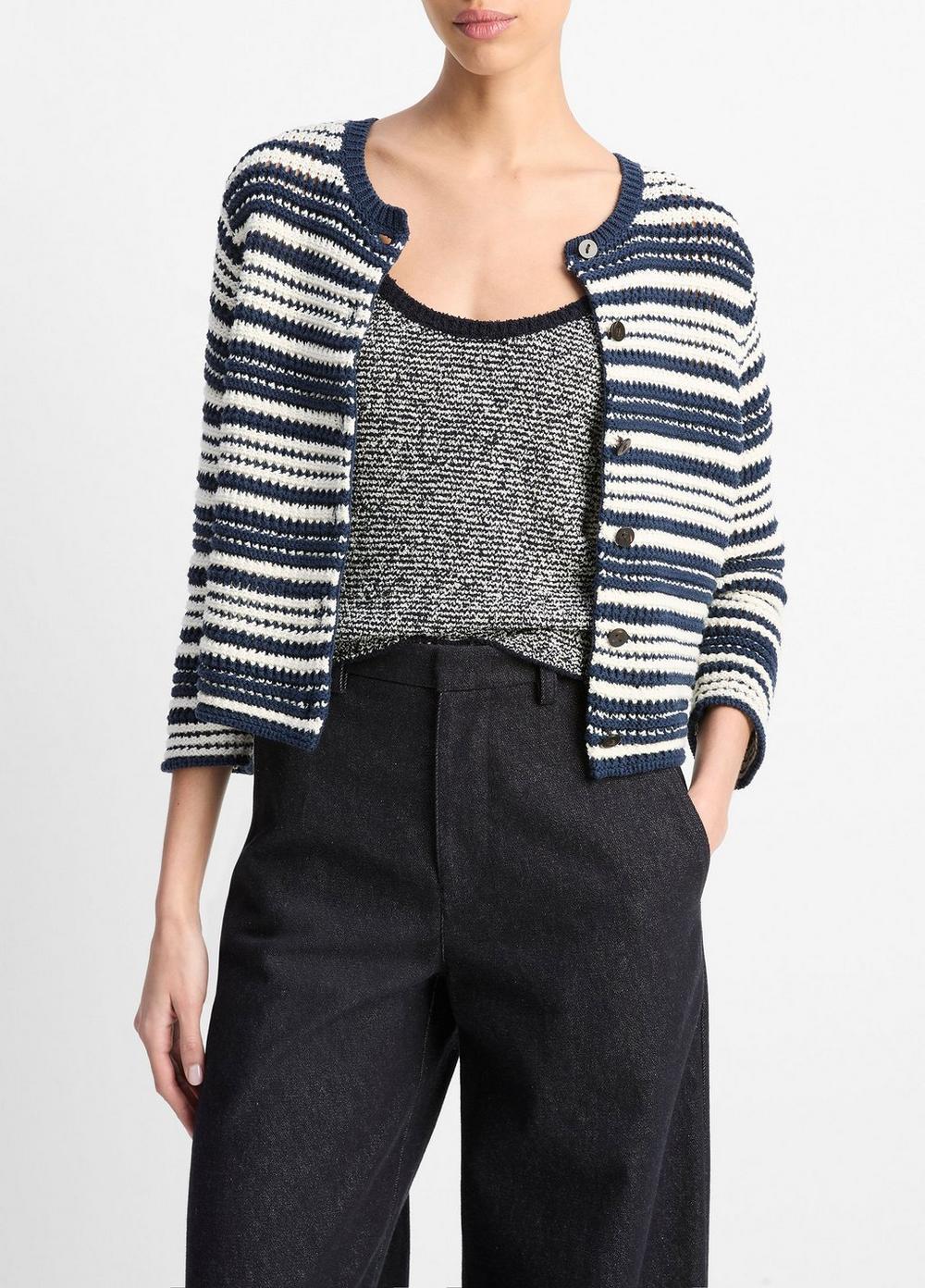 Women's Textured Stripe Italian Cotton Cardigan, Navy/off White, Size L Vince