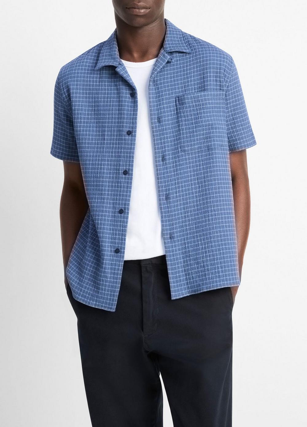 Men's Provence Plaid Double-Face Italian Cotton Button-Front Shirt, High Tide/california Rain, Size S Vince