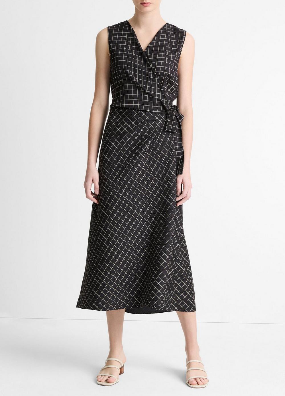 Women's Trellis Plaid Draped Sleeveless Wrap Dress, Black/cream, Size XXS Vince