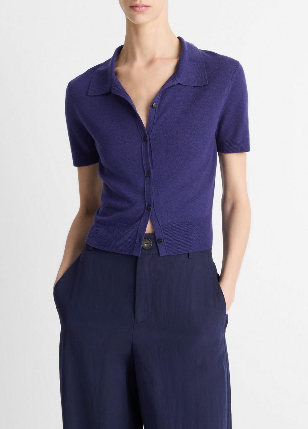 Women's Wool-Blend Collared Button-Front Sweater, Deep Iris, Size S Vince