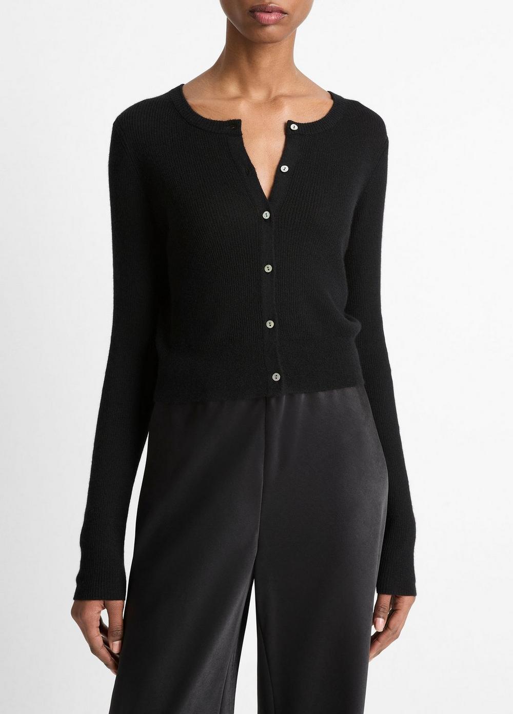 Women's Ribbed Cashmere-Silk Slim Cardigan, Black, Size L Vince