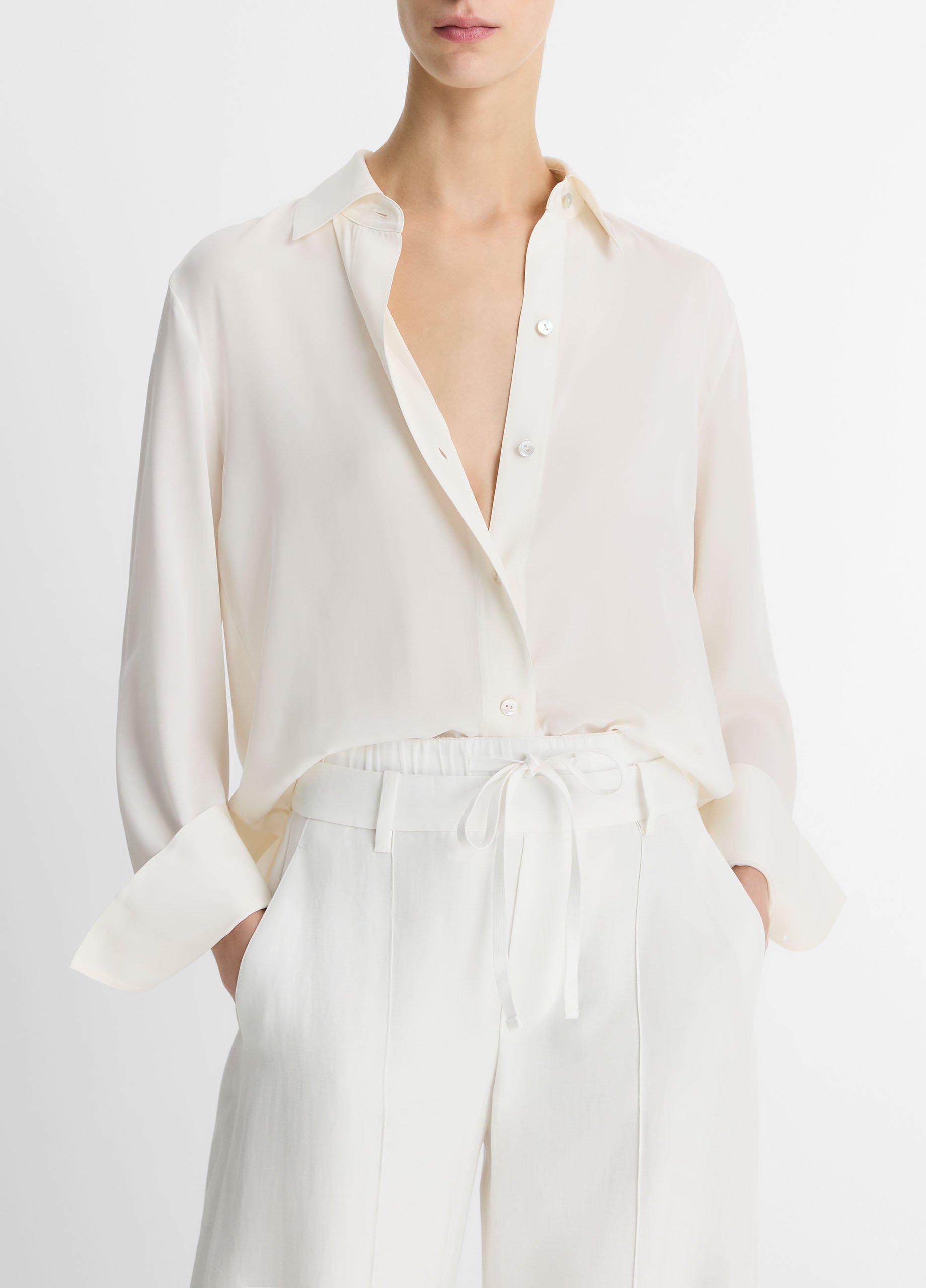 Women's Stretch-Silk Button-Front Blouse, Off White, Size XXS Vince