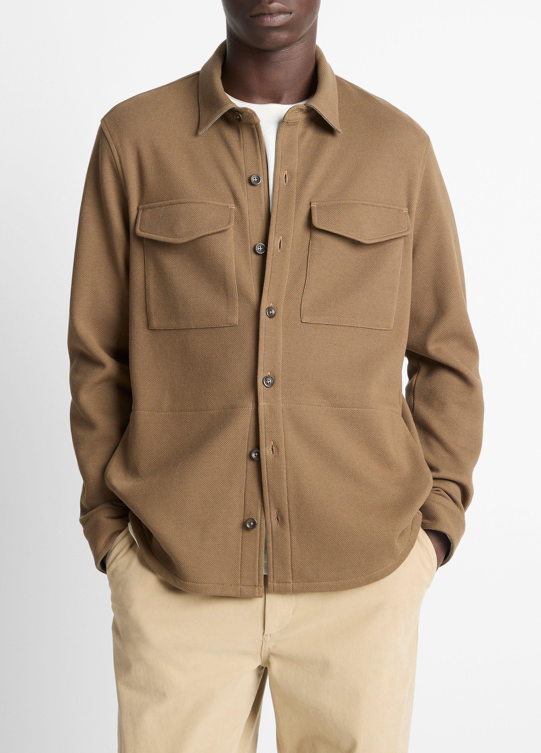 Men's Double-Knit Cotton-Blend Piqué Shirt Jacket, Highlands/medium Heather Grey, Size L Vince