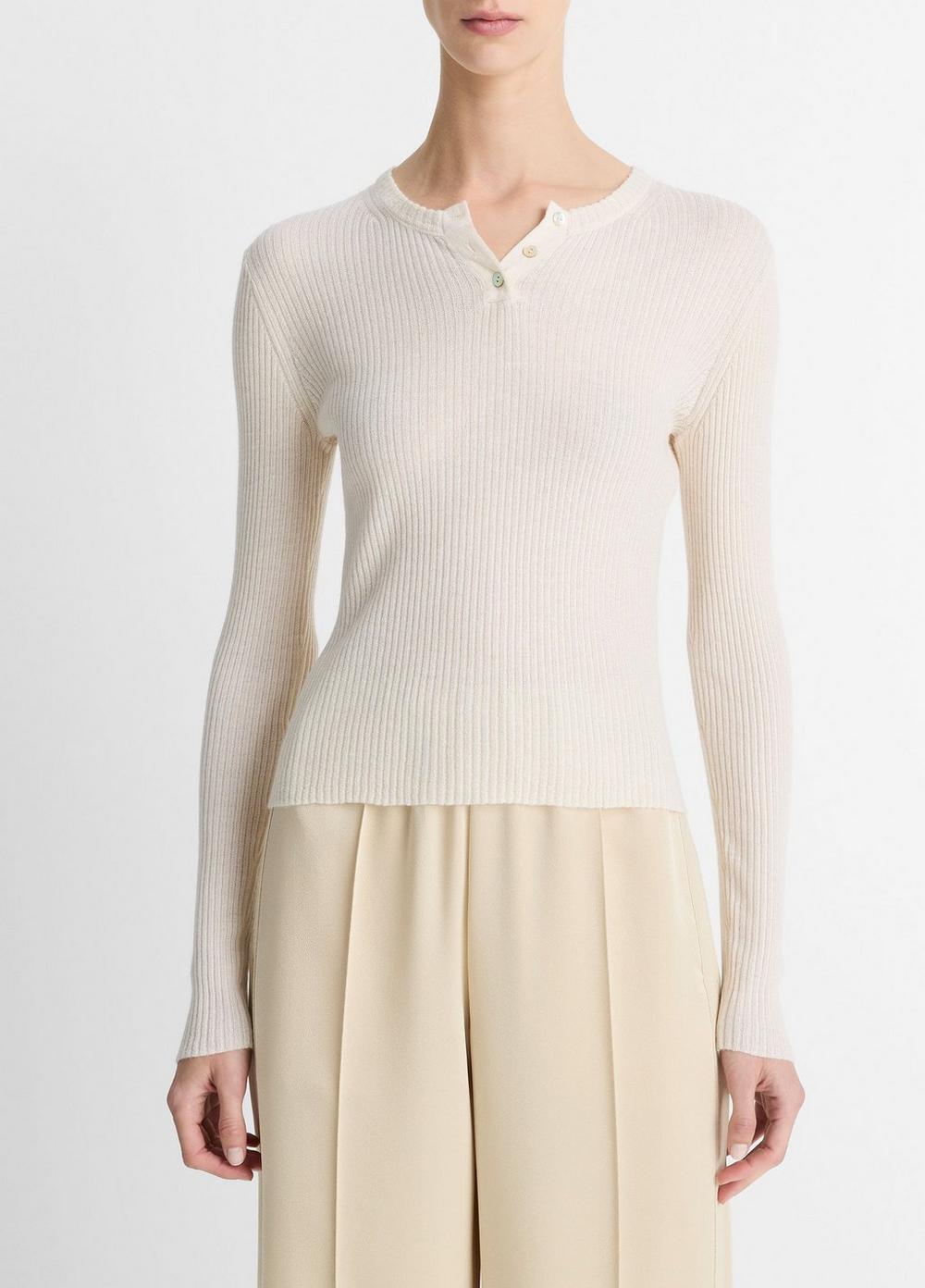 Women's Ribbed Cashmere-Silk Henley Sweater, Off White, Size XXS Vince