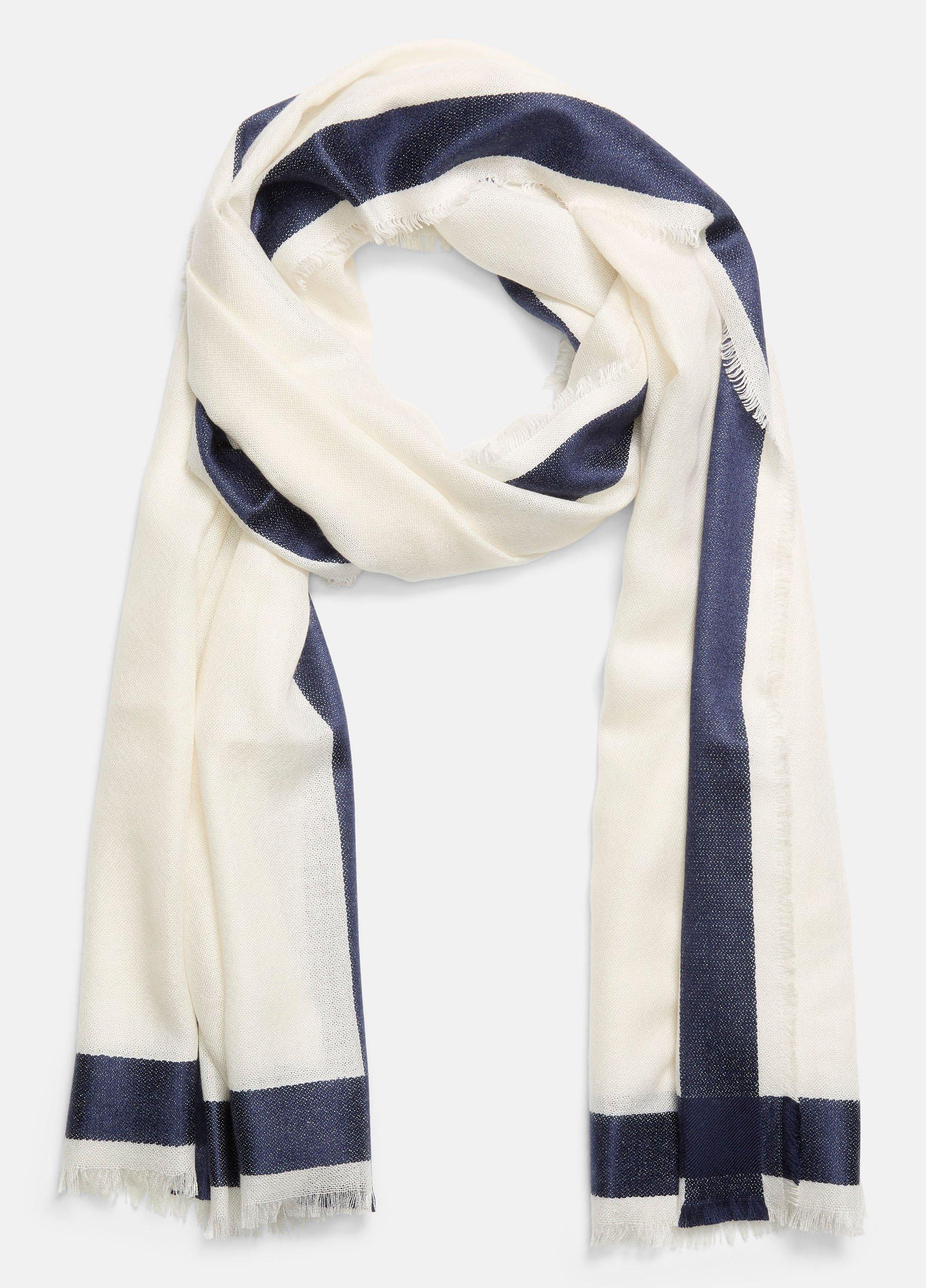 Women's Border-Stripe Cashmere-Silk Satin Scarf, Off White/coastal Blue Vince