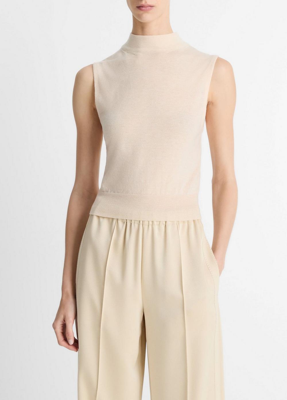 Women's Wool-Blend Sleeveless Mock-Neck Sweater, Off White, Size L Vince