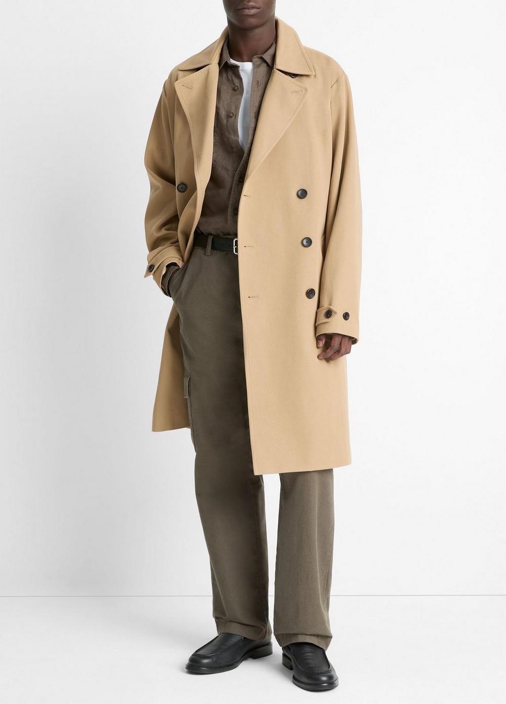 Men's Italian Cotton Double-Breasted Trench Coat, Light Beachwood, Size L Vince by Vince