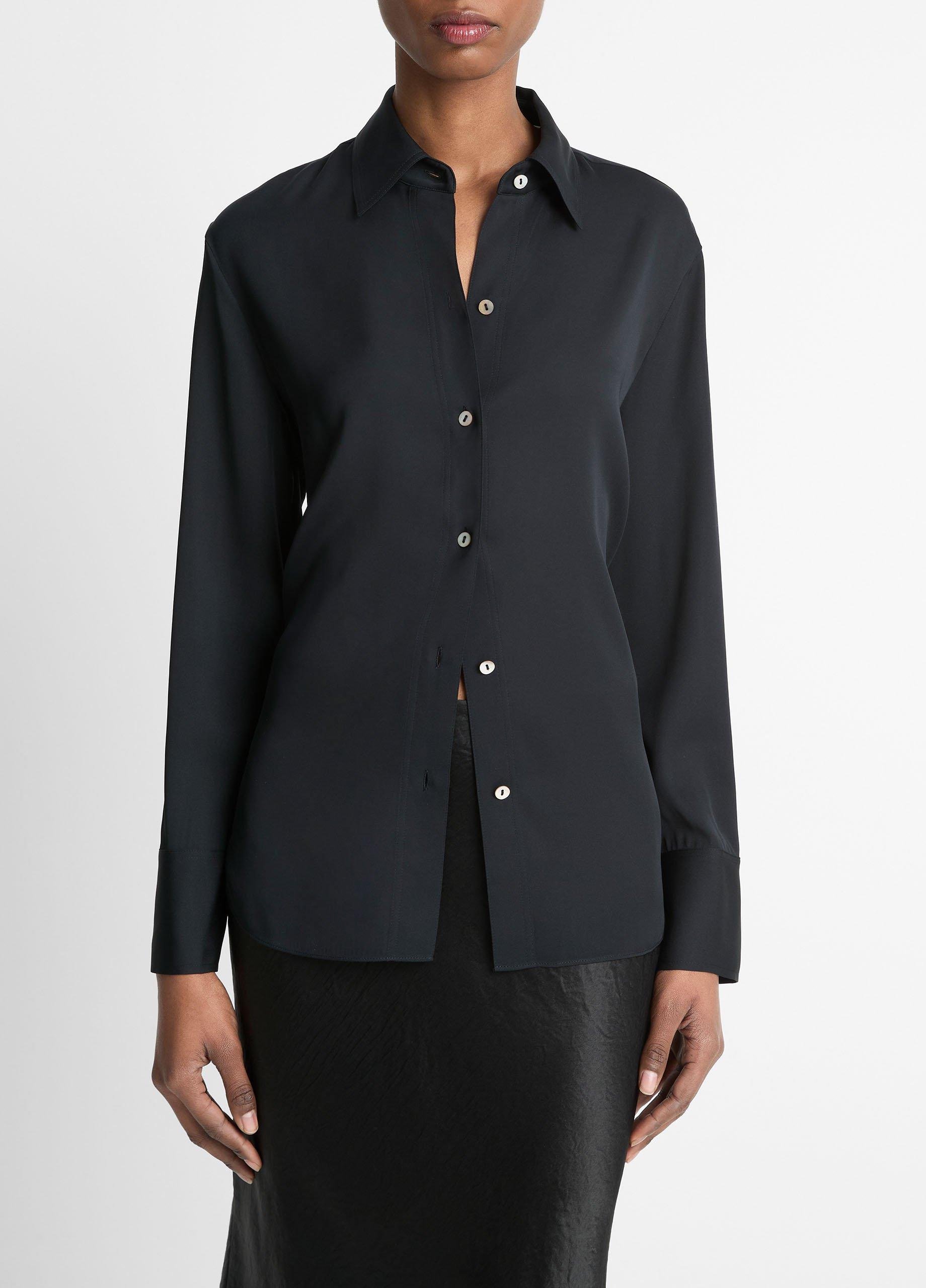 Women's Stretch-Silk Button-Front Blouse, Black, Size XS Vince