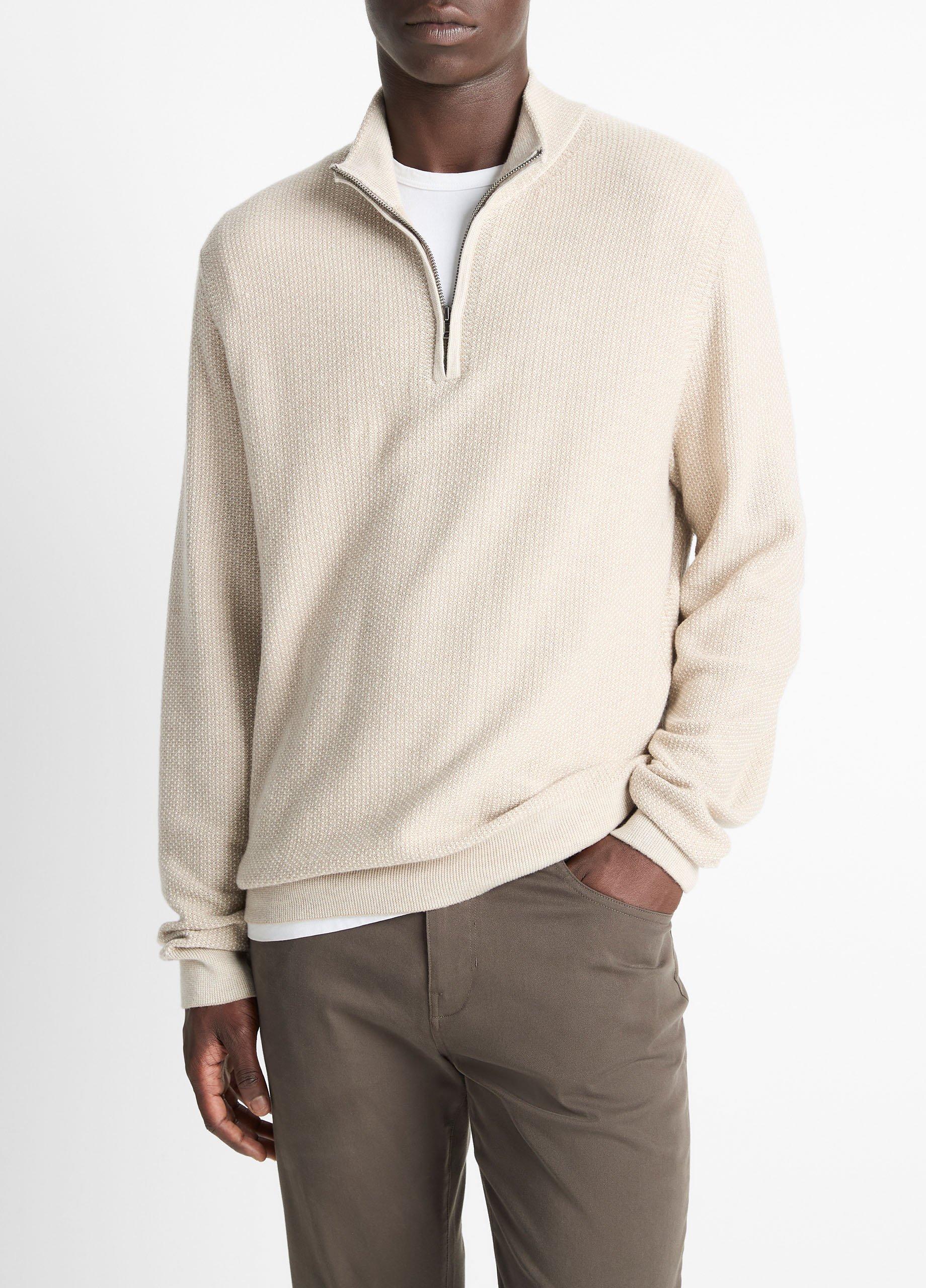 Men's Geo-jacquard Wool-Blend Quarter-Zip Sweater, British Khaki/classic Cream, Size XL Vince