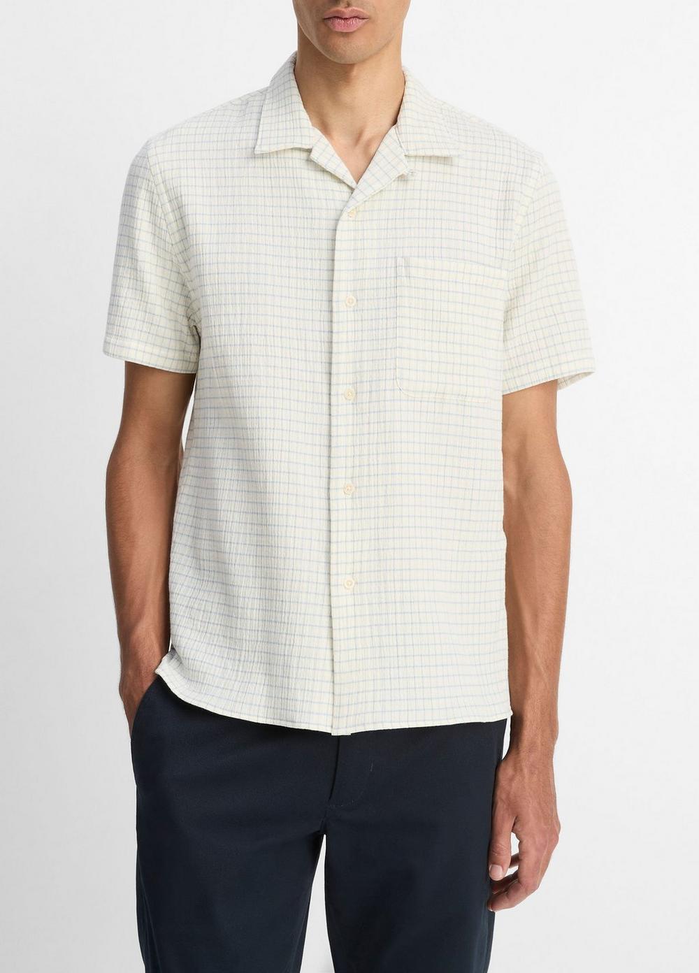 Men's Provence Plaid Double-Face Italian Cotton Button-Front Shirt, Horchata/california Rain, Size M Vince