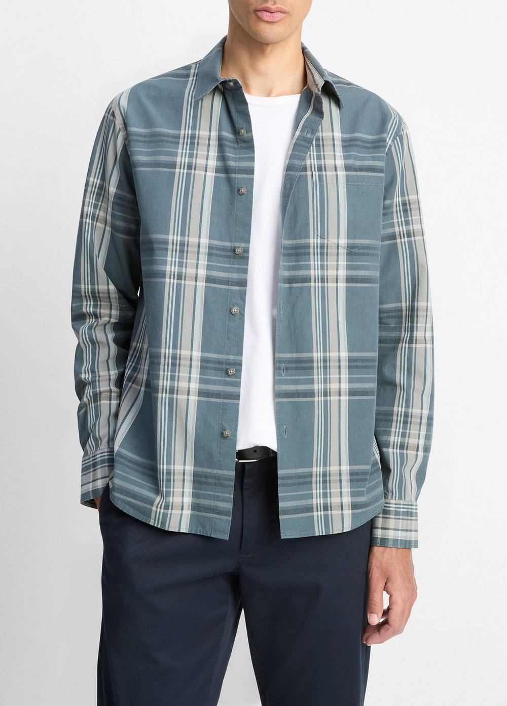 Men's Lorimer Plaid Button-Front Shirt, Harbor Blue Combo, Size XXL Vince