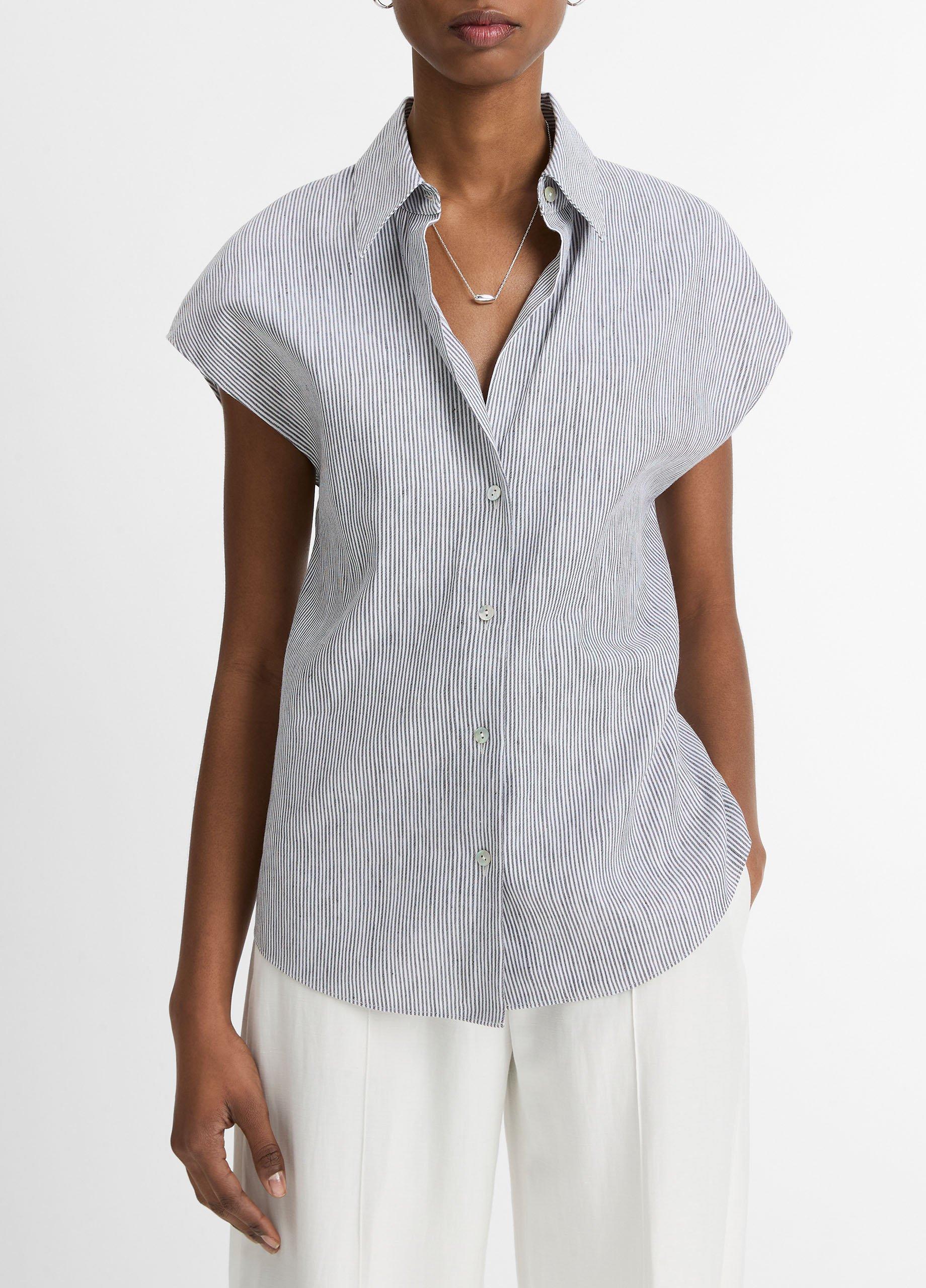 Women's Ticking Stripe Linen-cotton Cap-Sleeve Blouse, Iris Slate/off White, Size S Vince by Vince