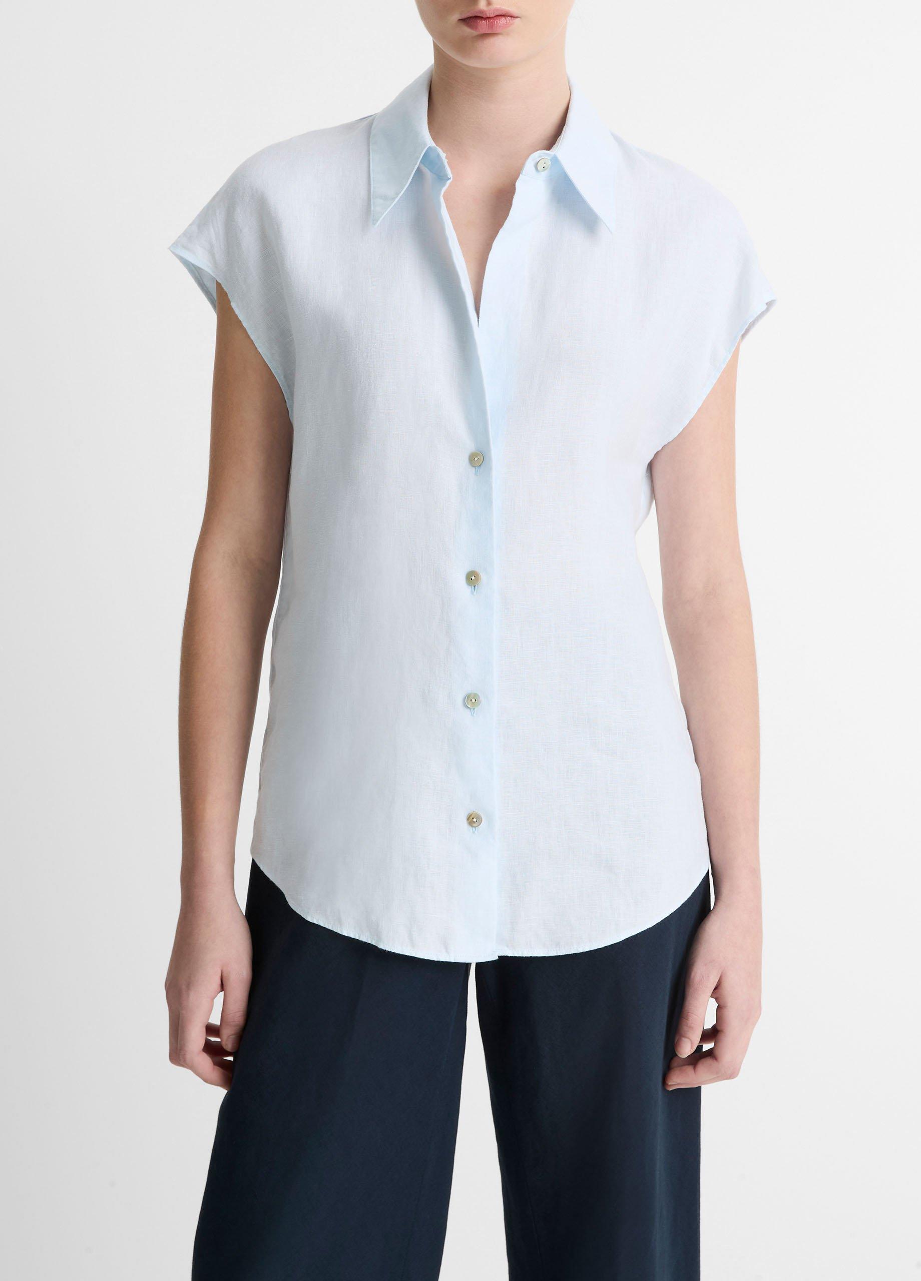 Women's Linen Cap-Sleeve Button-Front Blouse, Sky Mist, Size XL Vince