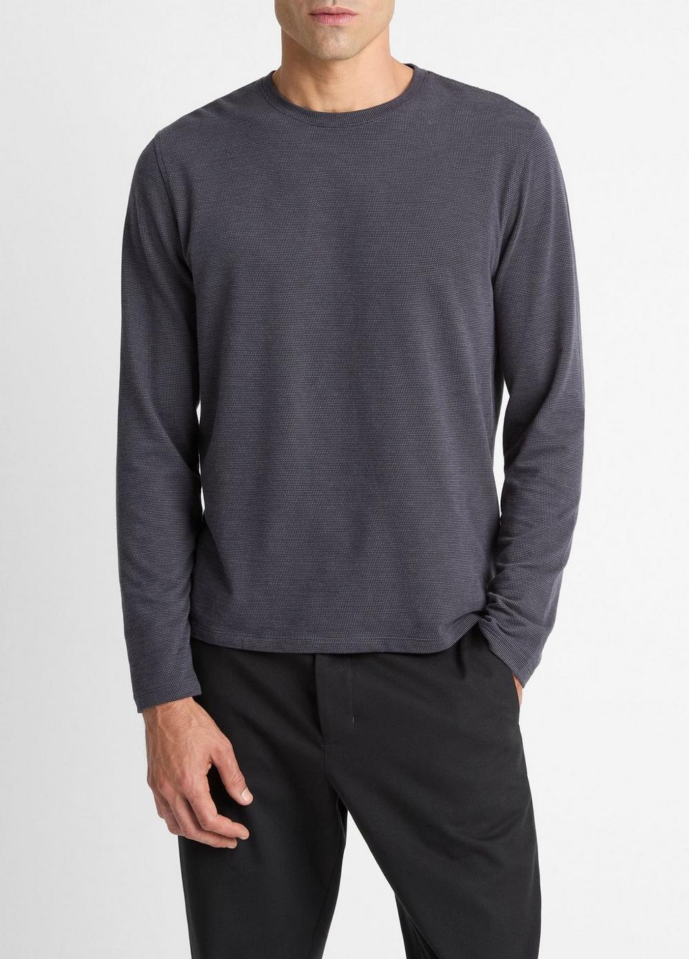 Men's Birdseye Jacquard Pima Cotton Long-Sleeve T-Shirt, Coastal Blue/medium Grey, Size M Vince