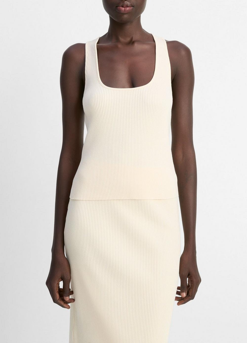 Women's Ribbed Cotton-Blend Racerback Tank, Oat Shell, Size M Vince