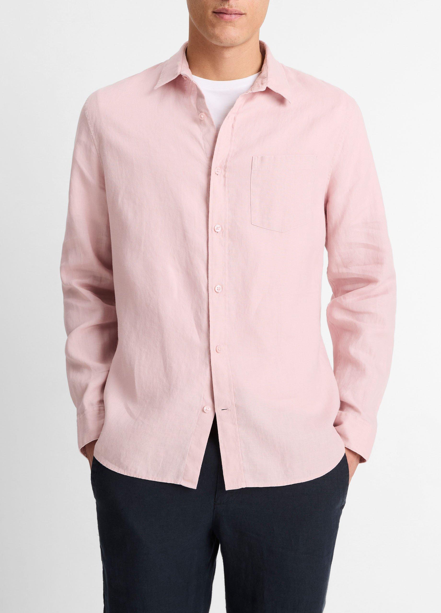 Men's Linen Long-Sleeve Shirt, Faded Pink, Size M Vince