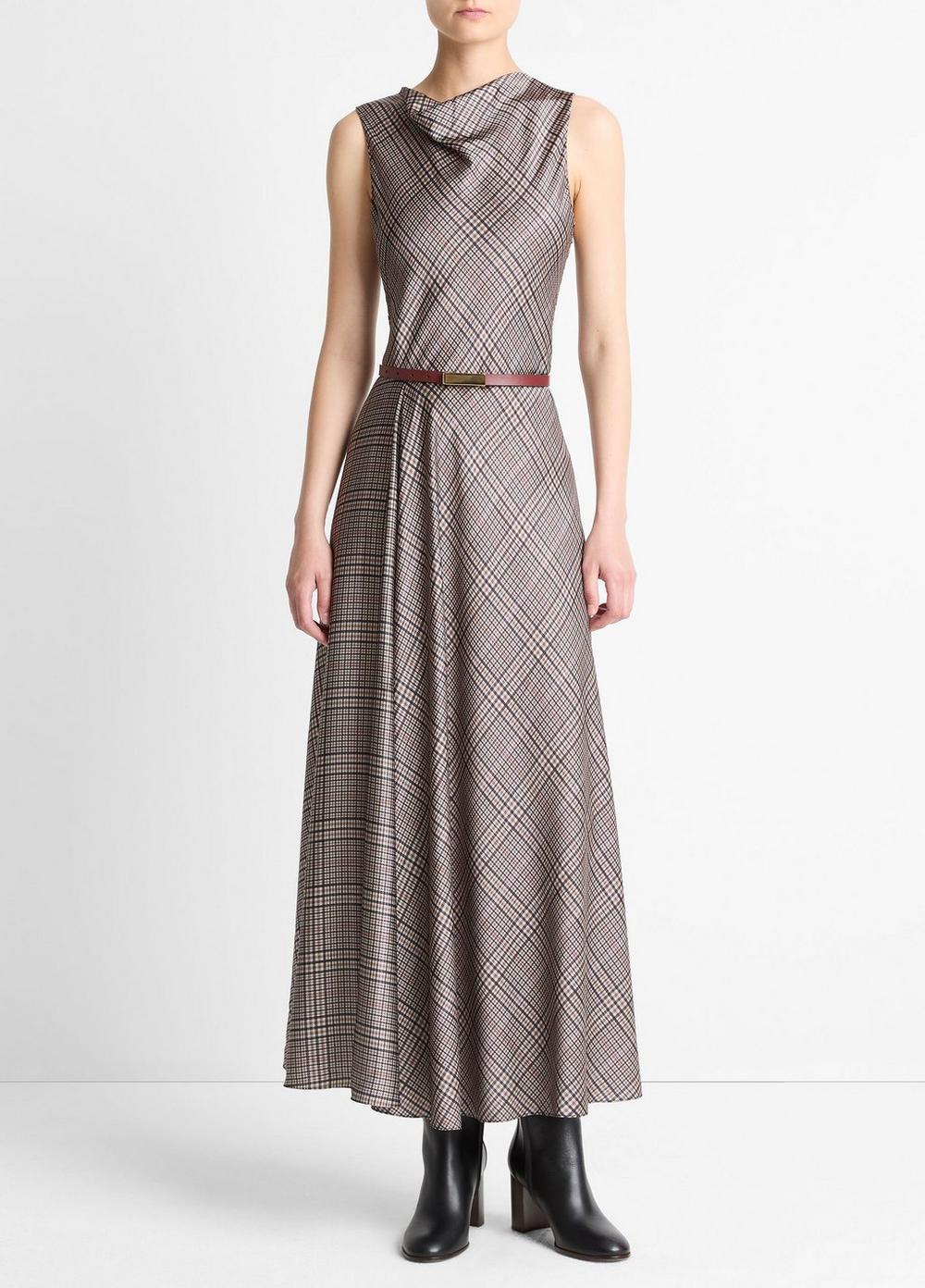 Women's Pressed Plaid Satin Cowl-Neck Dress, Multi Plaid, Size S Vince