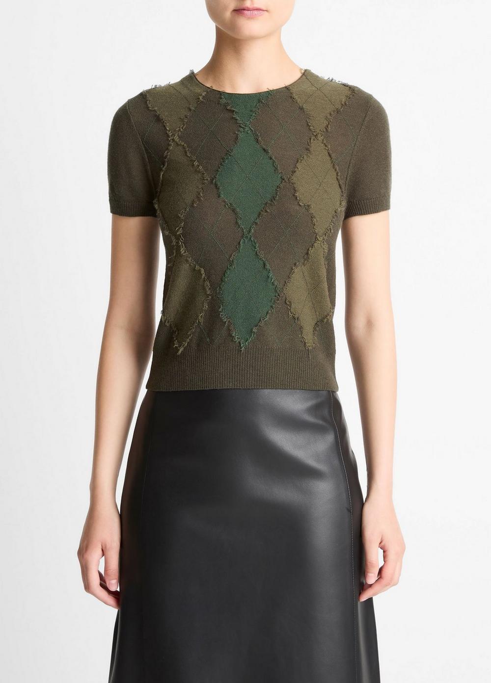 Women's Hand-Cut Argyle Wool-Blend Short-Sleeve Sweater, Herba/forest/verde, Size XXS Vince