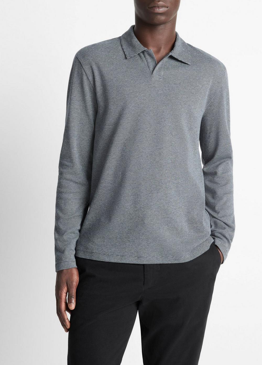 Men's Houndstooth Cotton Johnny-Collar Polo Shirt, Coastal Blue/heather Grey, Size XXL Vince