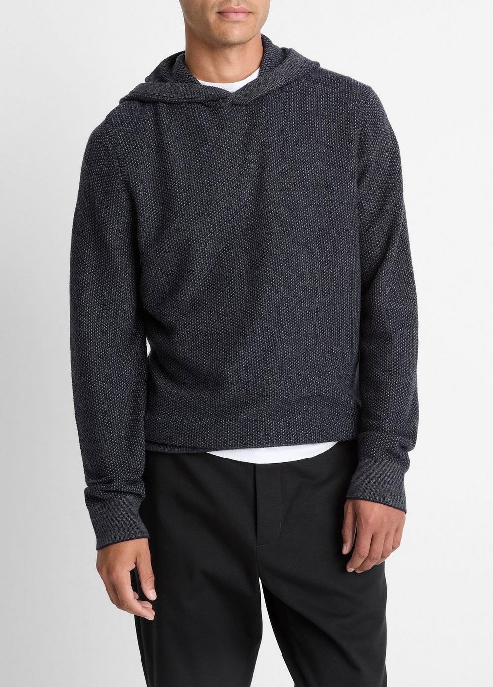 Men's Geo-jacquard Wool-Blend Sweater Hoodie, Coastal Blue/medium Heather Grey, Size XL Vince