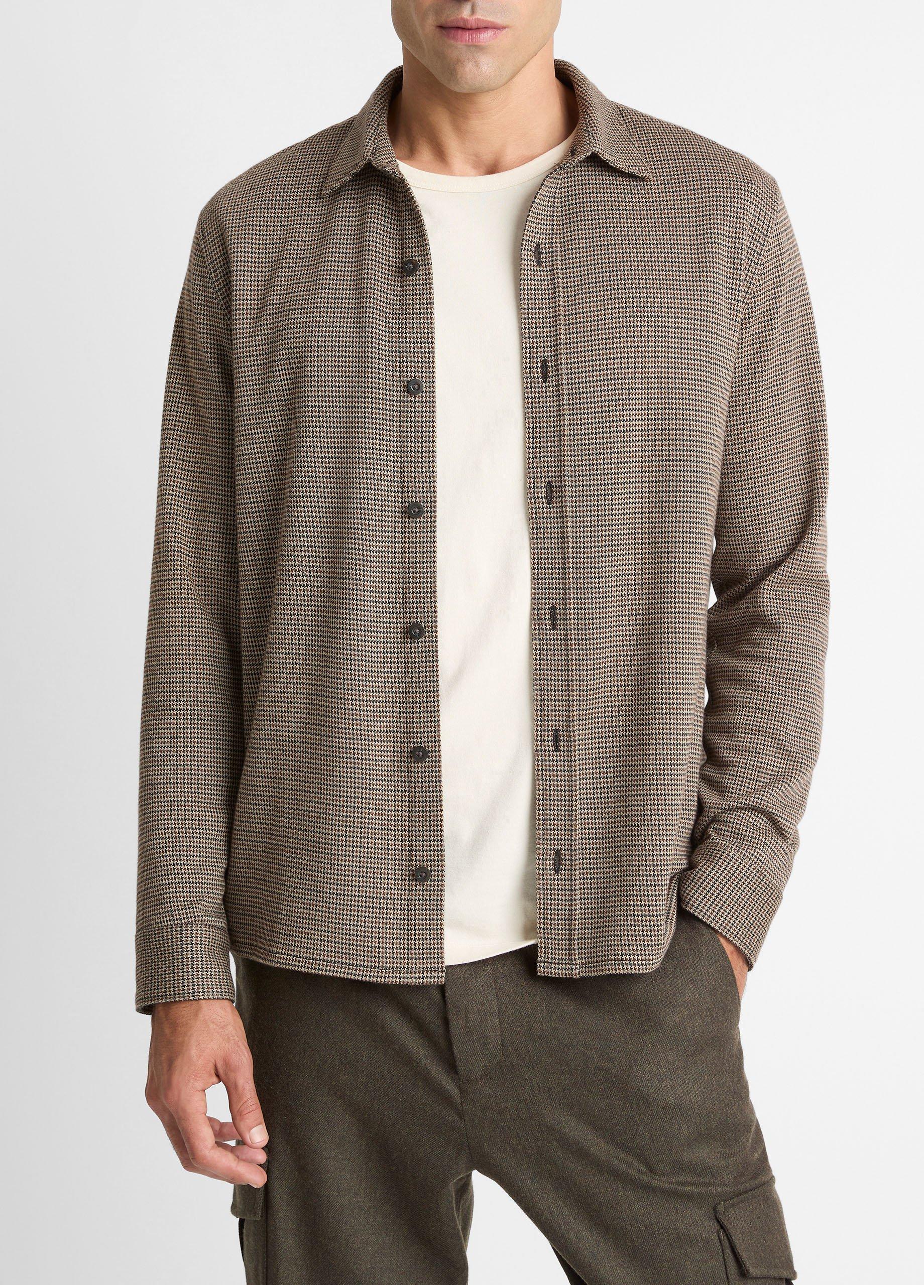 Men's Houndstooth Cotton-Blend Button-Front Shirt, Dark Roast Combo, Size S Vince