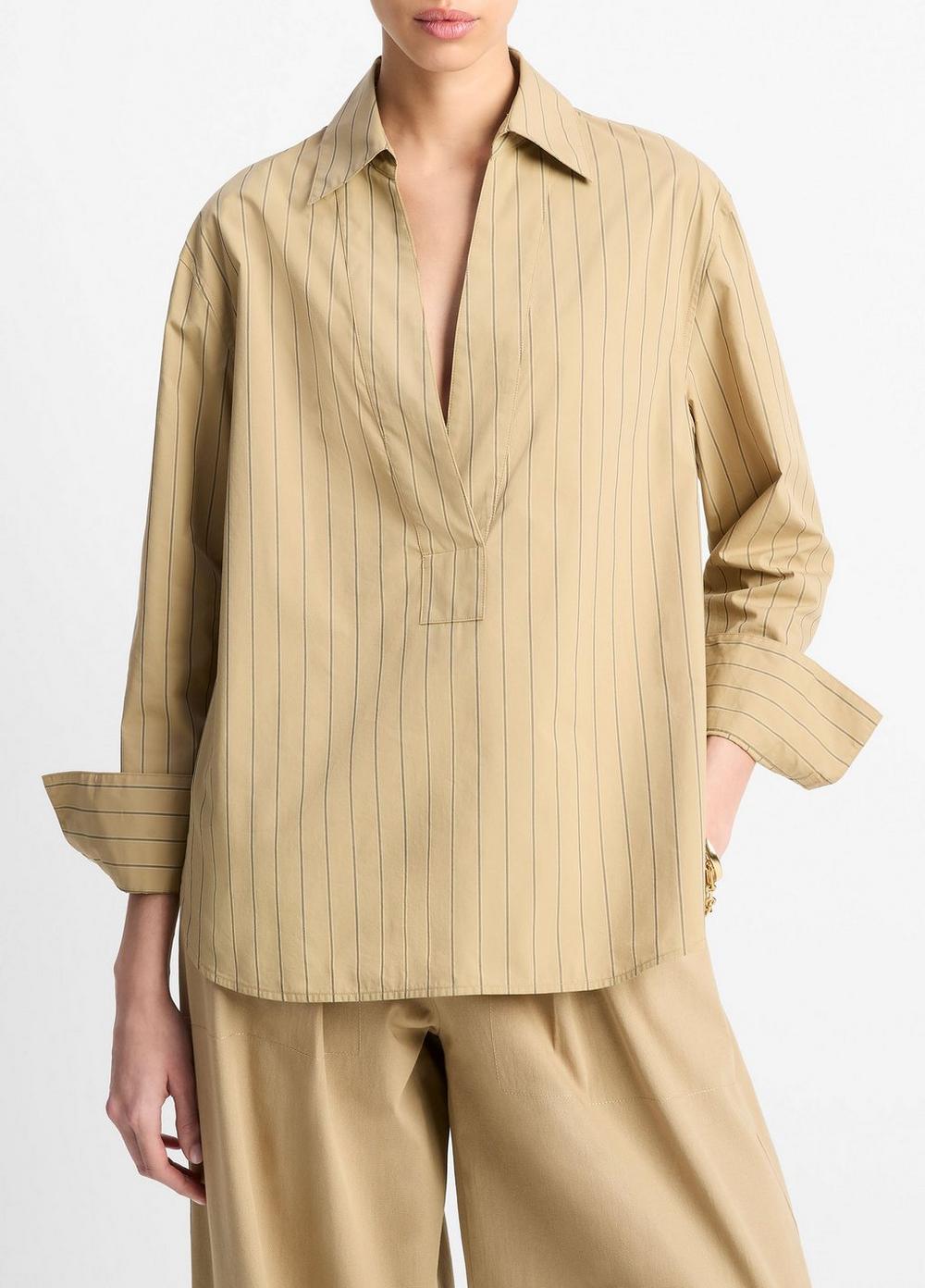 Women's Striped Cotton Relaxed Popover Shirt, Sand Sage, Size L Vince