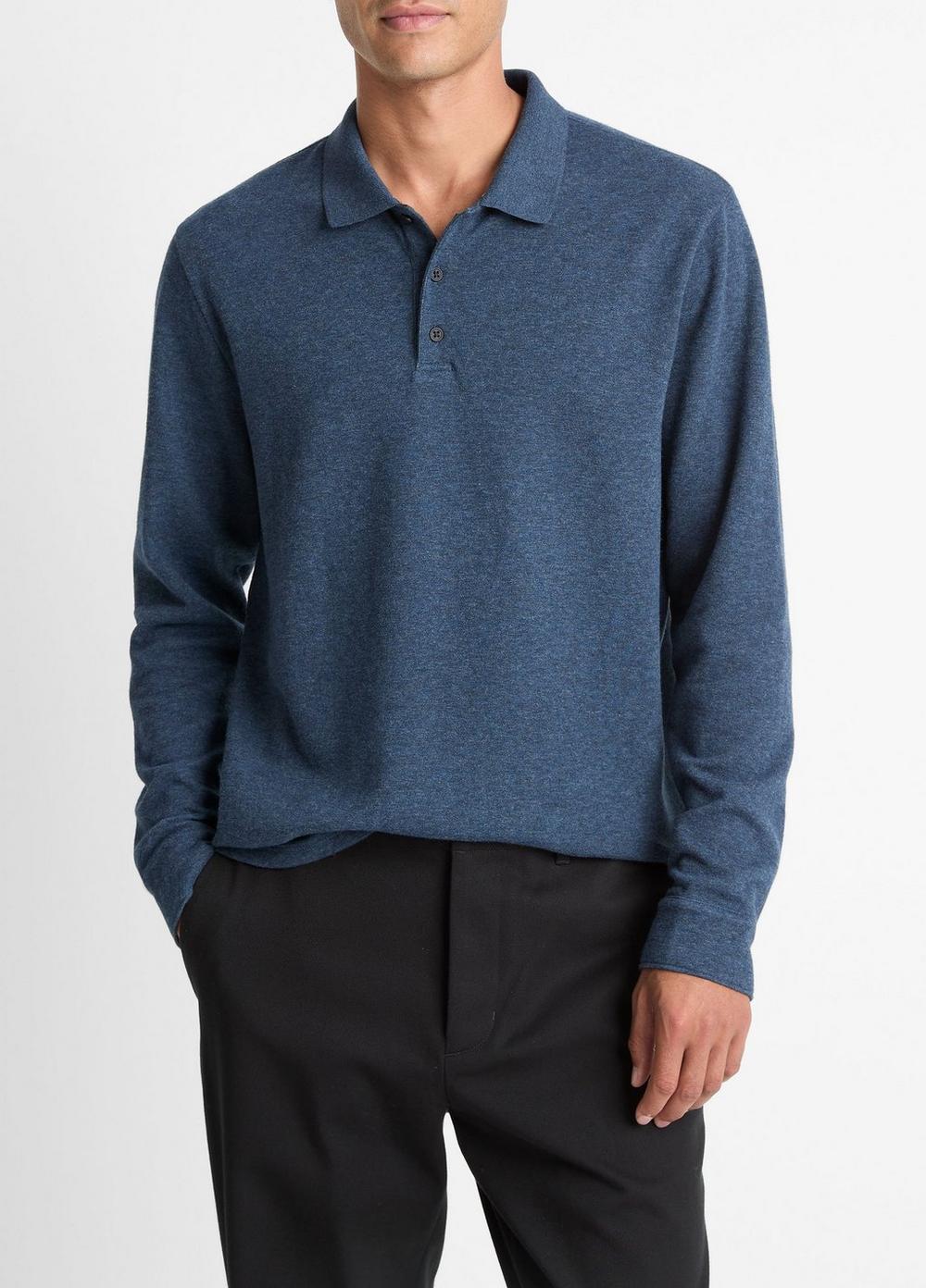 Men's Heathered Double-Face Cotton-Blend Polo Shirt, Heather Coastal Blue/heather Fog, Size XXL Vince