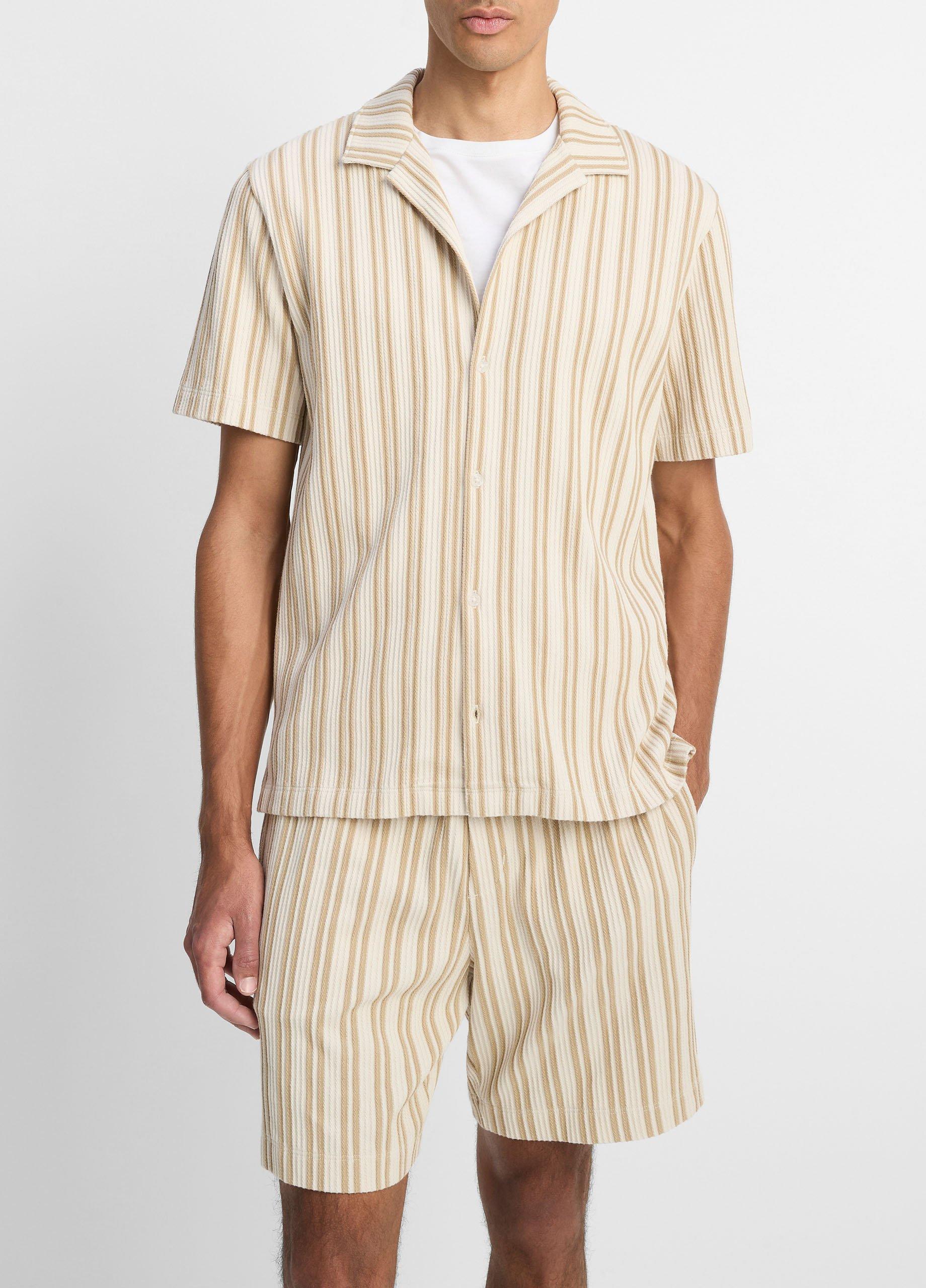 Men's Jacquard-Stripe Cotton-Blend Cabana Shirt, Terrapin Combo, Size L Vince