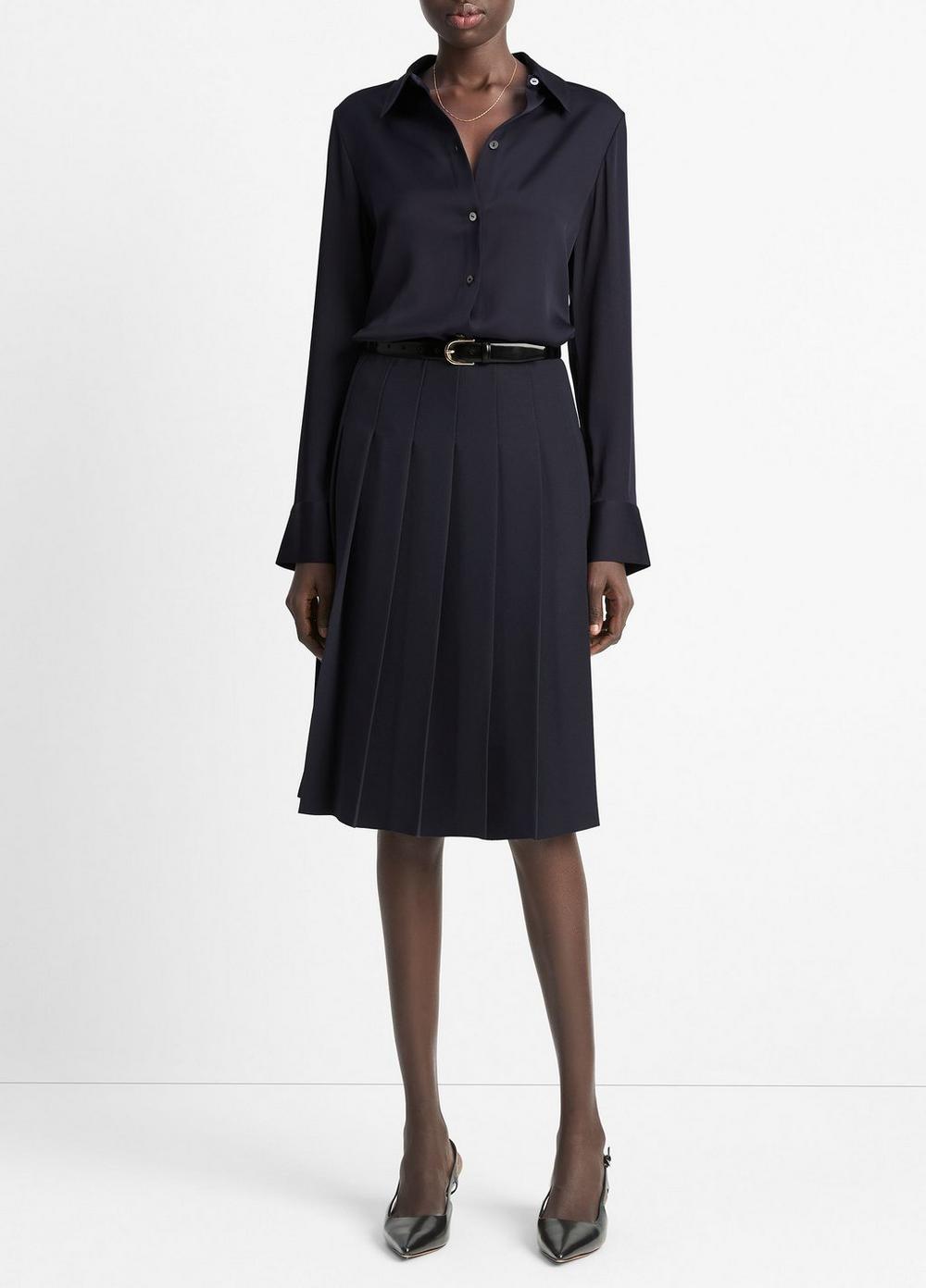 Women's Pleated Crepe Knee Skirt, Coastal Blue, Size 12 Vince
