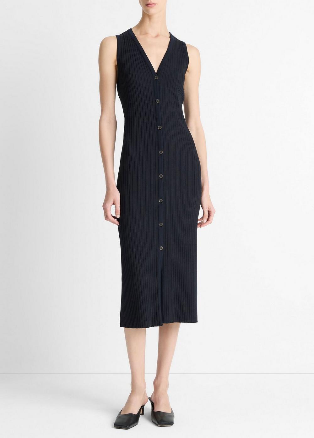 Women's Ribbed Cotton-Blend Button-Front Dress, Coastal Blue, Size XL Vince