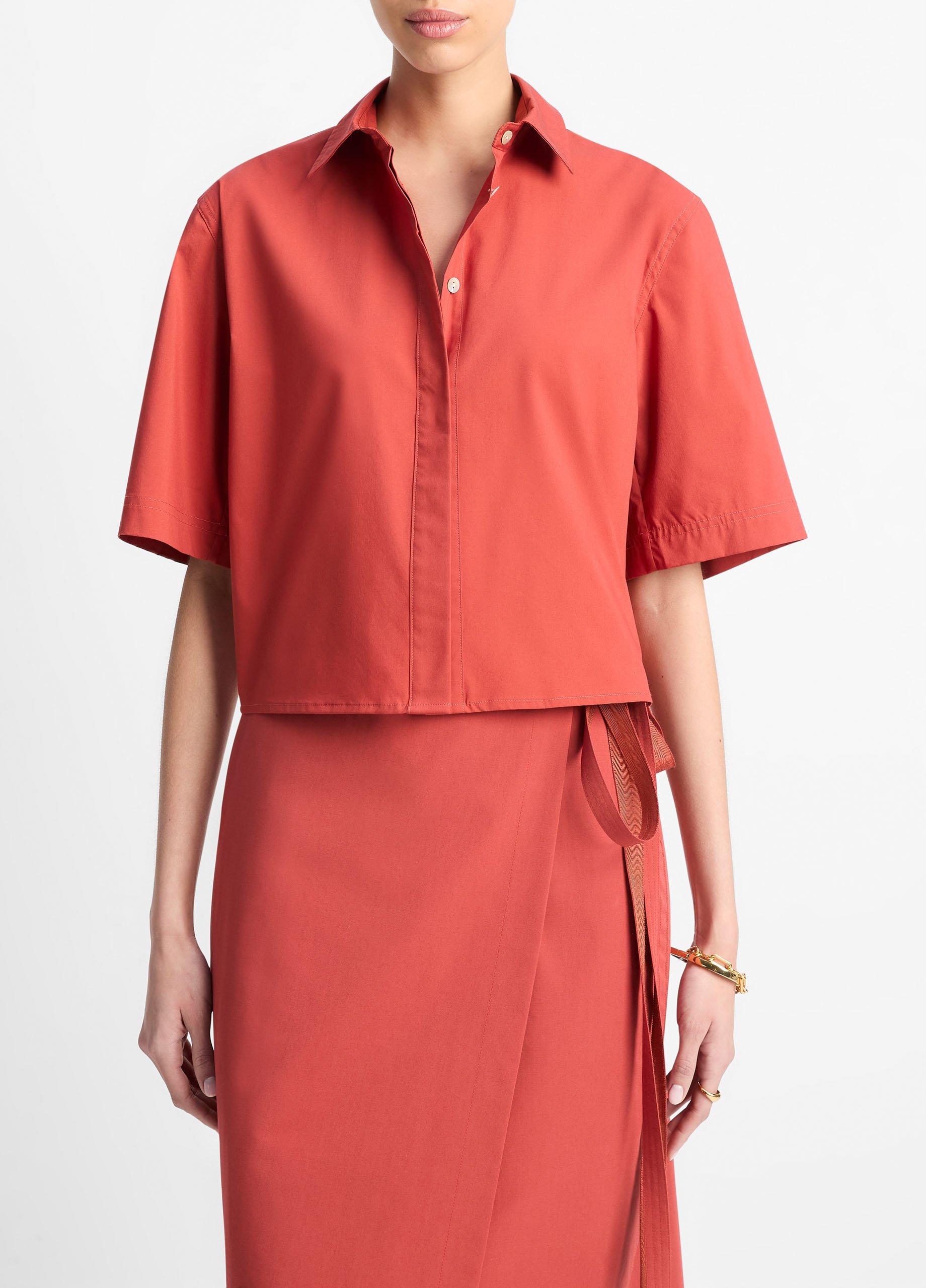Women's Cotton Short-Sleeve Cropped Shirt, Brick Rose, Size XL Vince