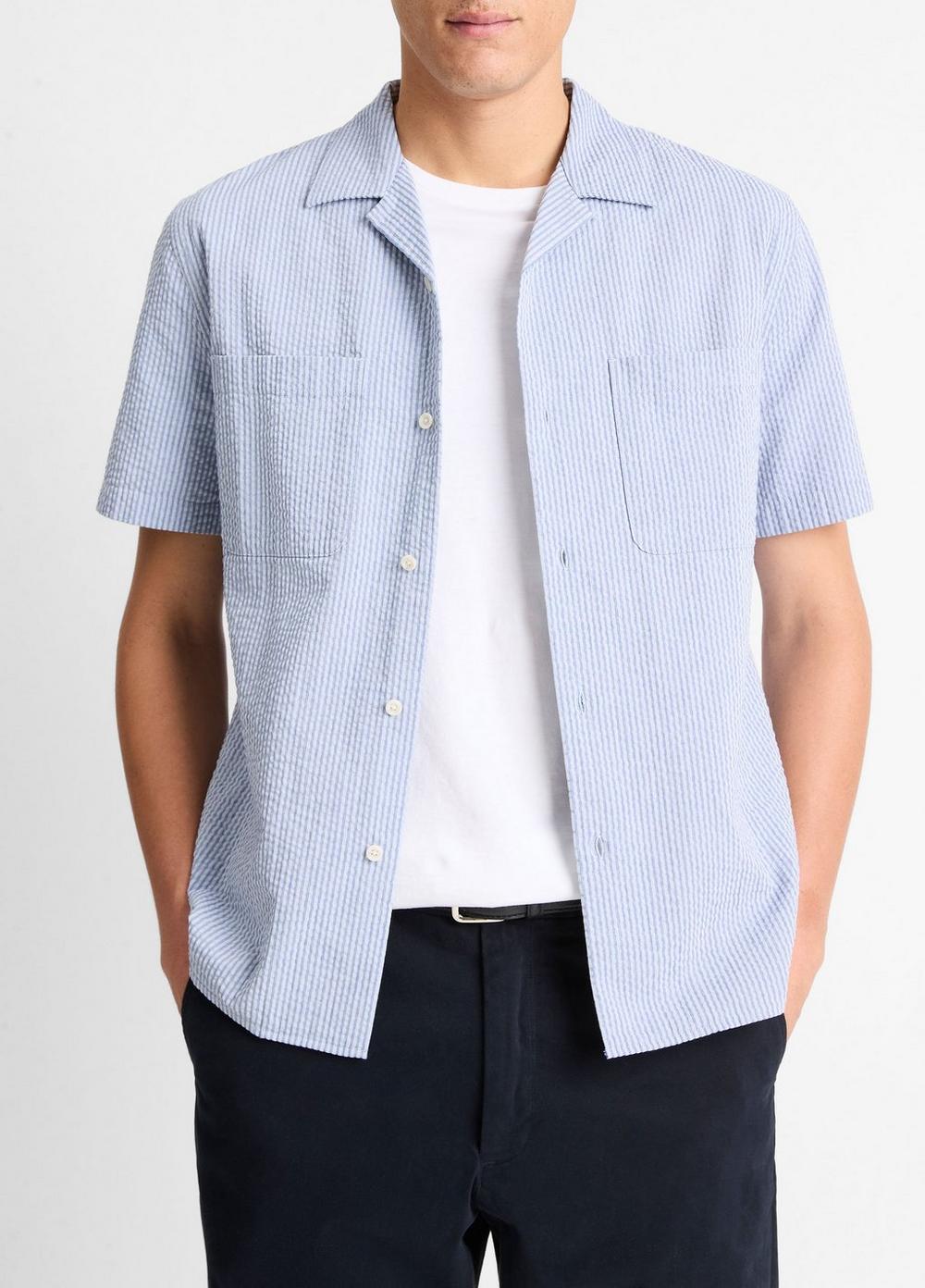Men's Italian Cotton Seersucker Shirt, Dark Playa Blue, Size S Vince