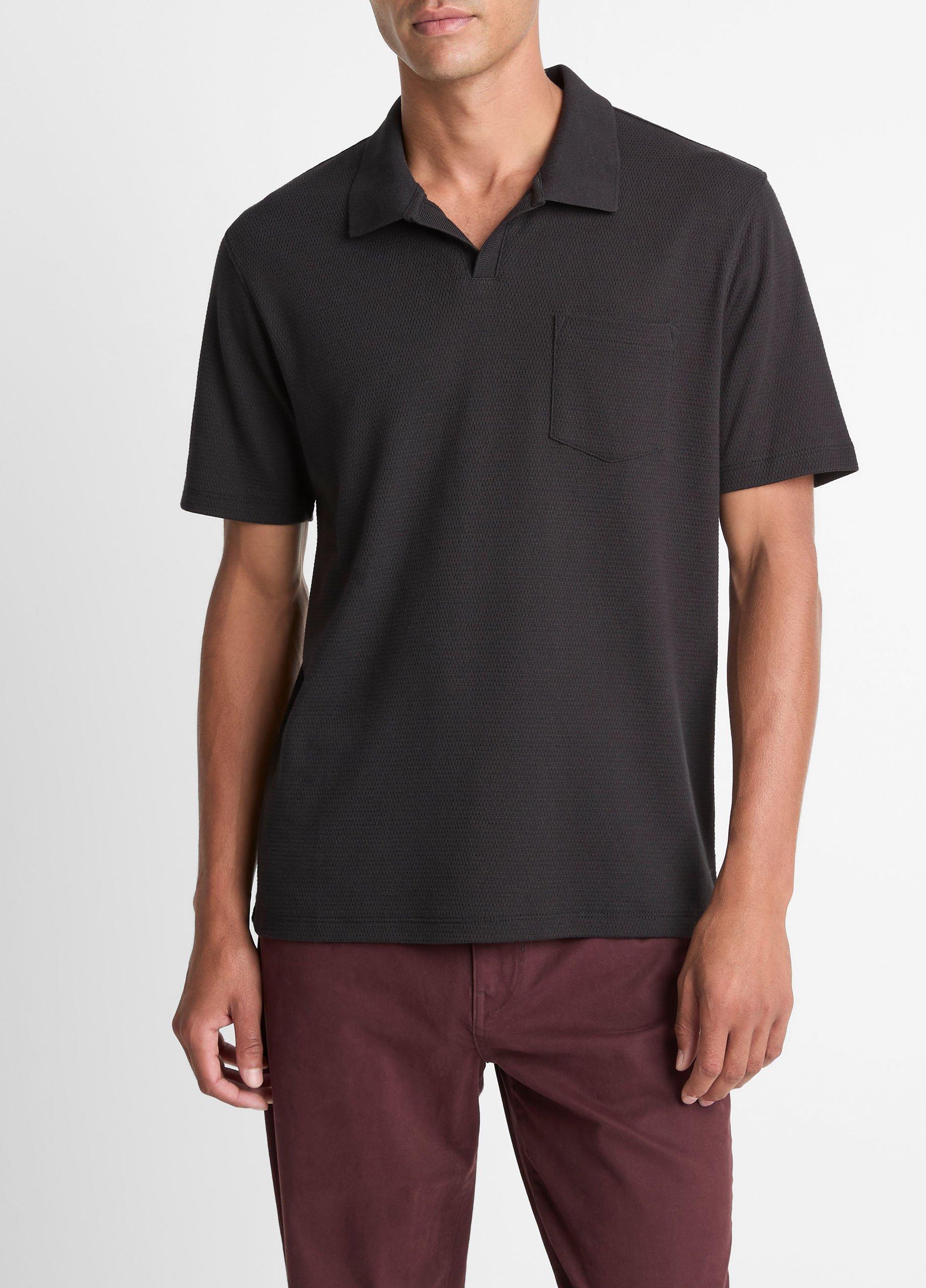 Men's Cotton-Blend Johnny-Collar Polo Shirt, Black, Size S Vince