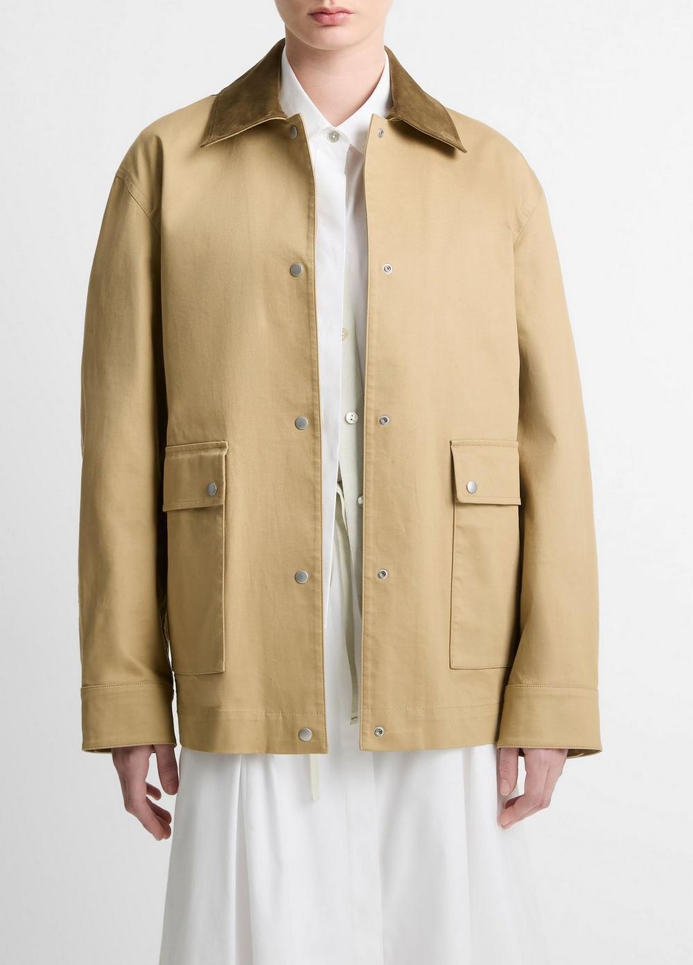 Women's Suede-Collar Cotton Utility Jacket, Beachwood, Size L Vince