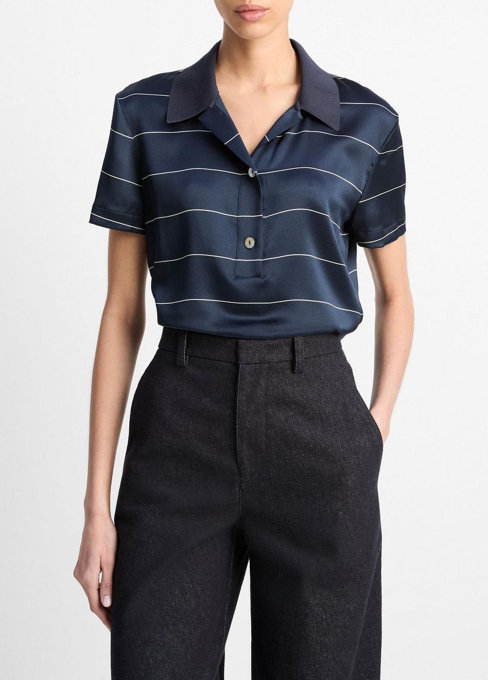 Women's Knit-Collar Striped Silk Polo Shirt, Coastal Blue/cream, Size XXS Vince