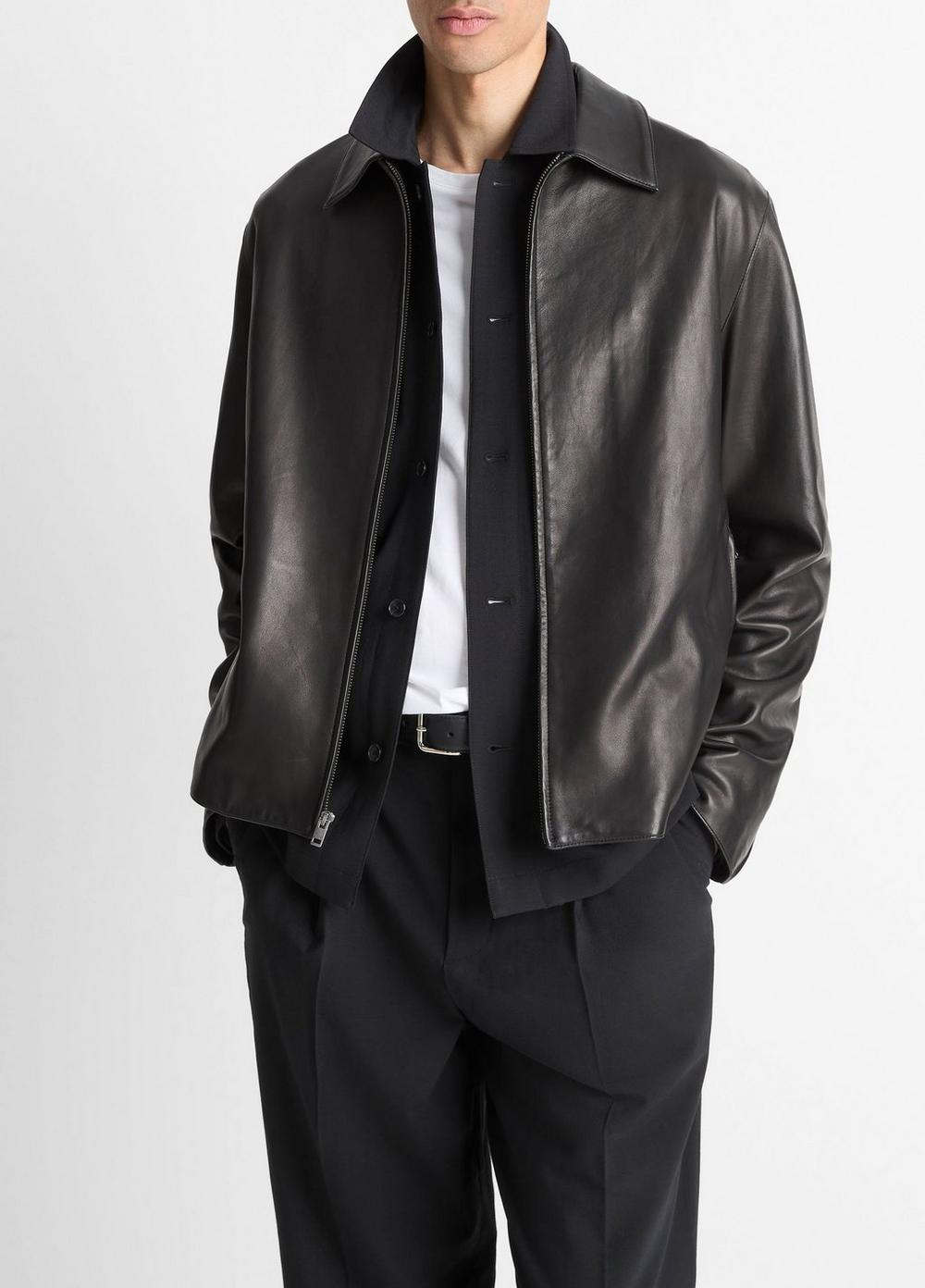 Men's Leather Zip-Up Jacket, Black, Size XS Vince