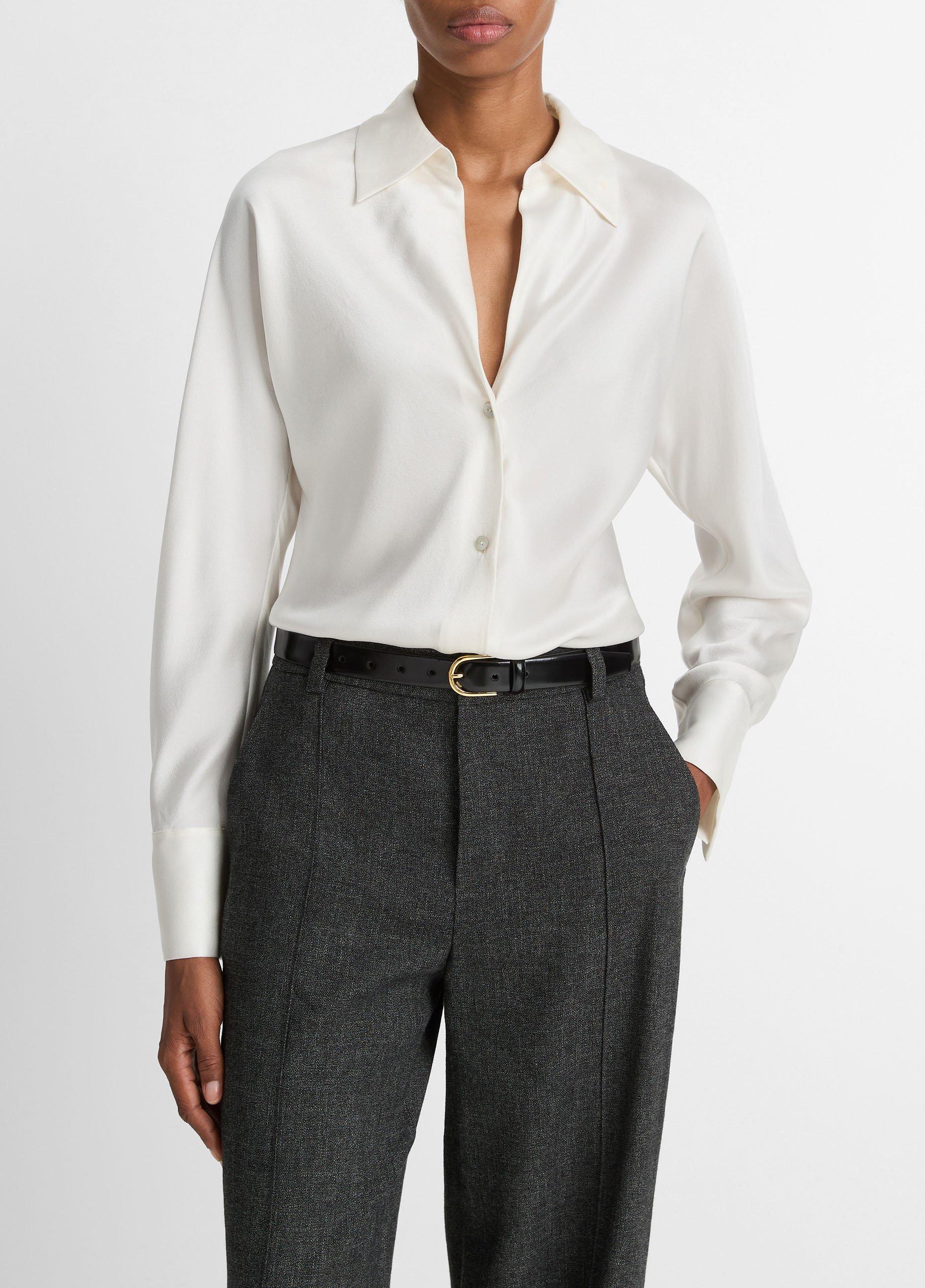 Women's Silk Bias Long-Sleeve Blouse, Off White, Size XS Vince