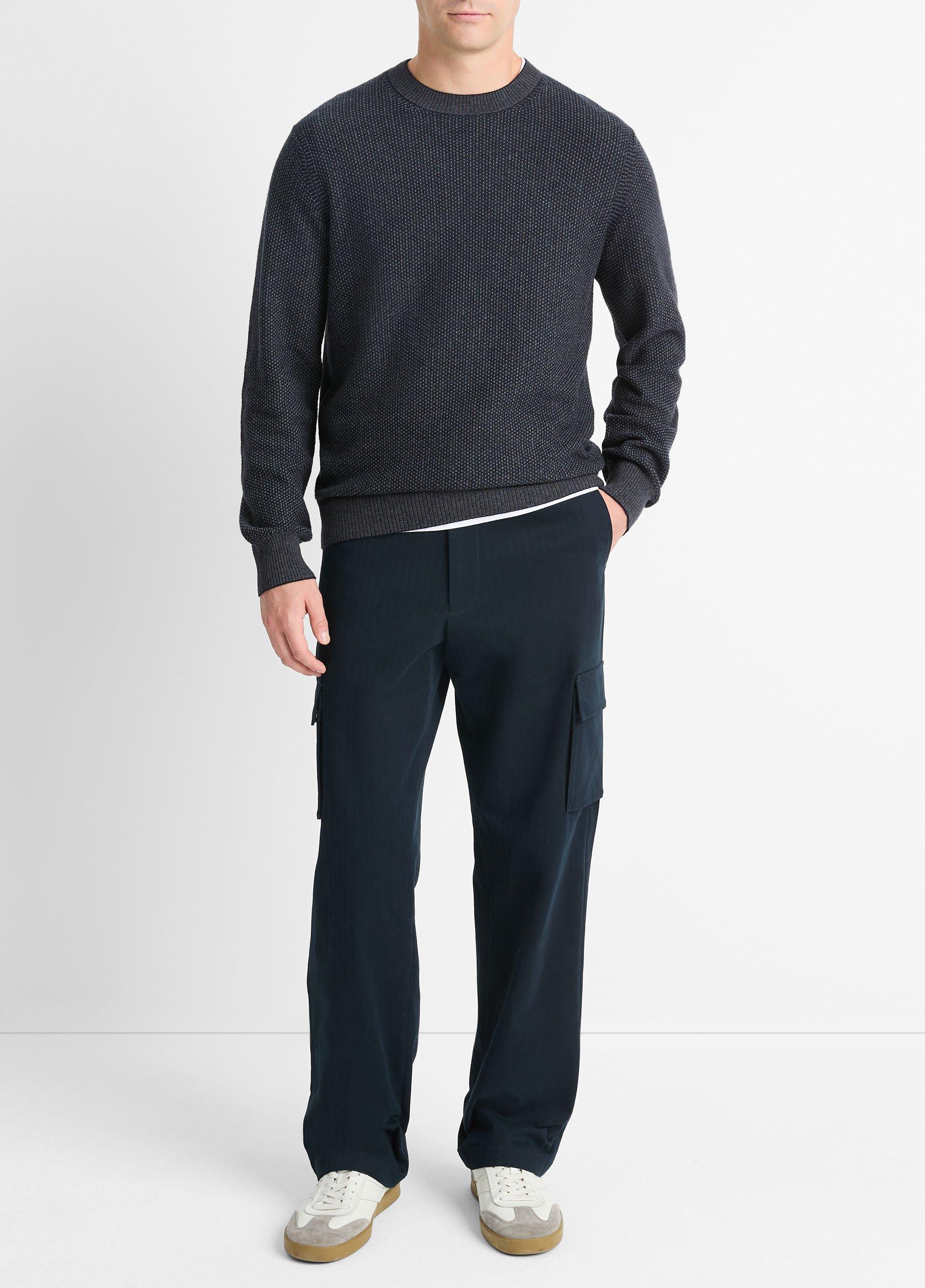 Men's Geo-jacquard Wool-Blend Crew Neck Sweater, Coastal Blue/medium Heather Grey, Size XS Vince