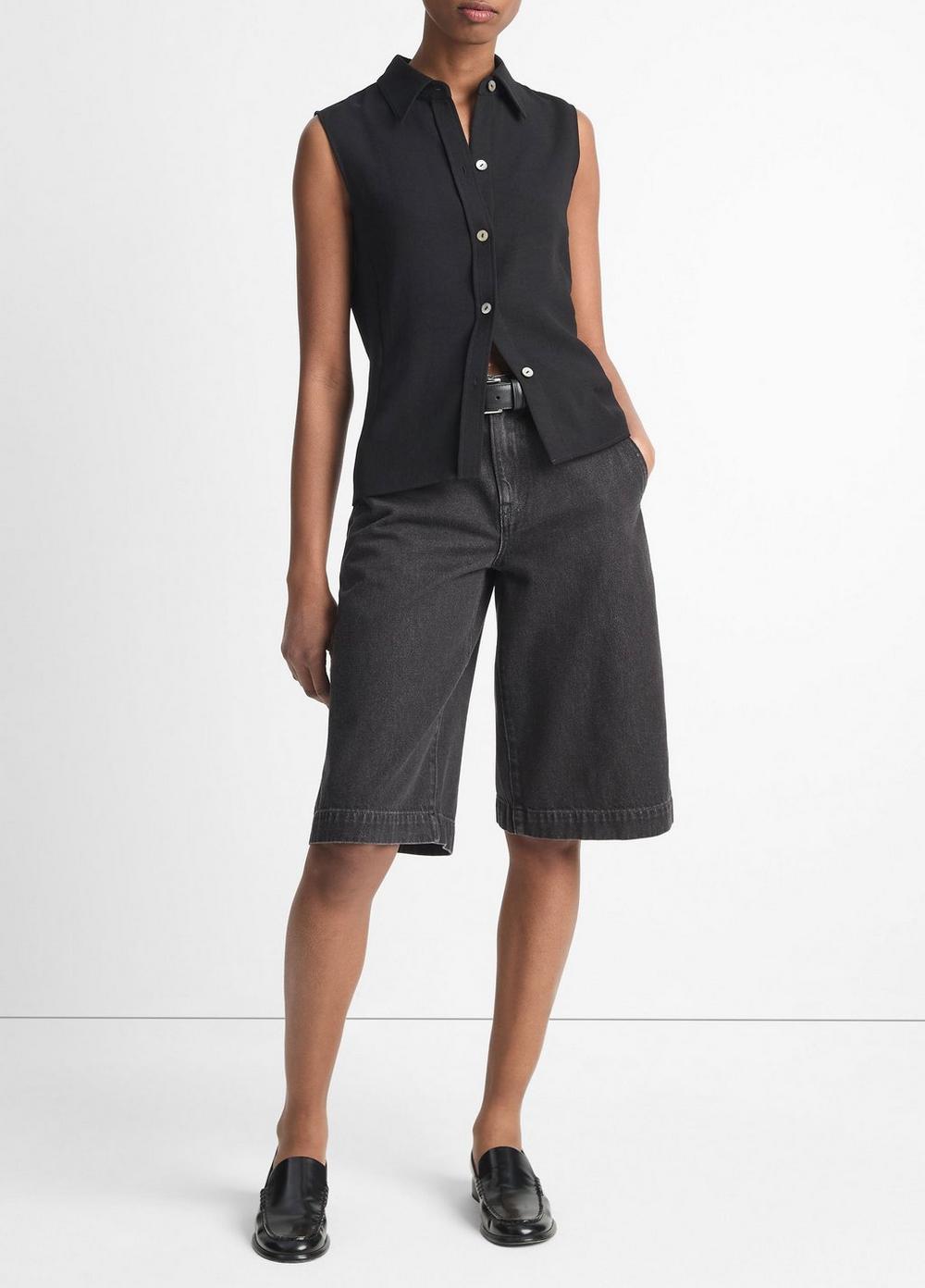 Women's Sleeveless Button-Front Shirt, Black, Size L Vince by Vince